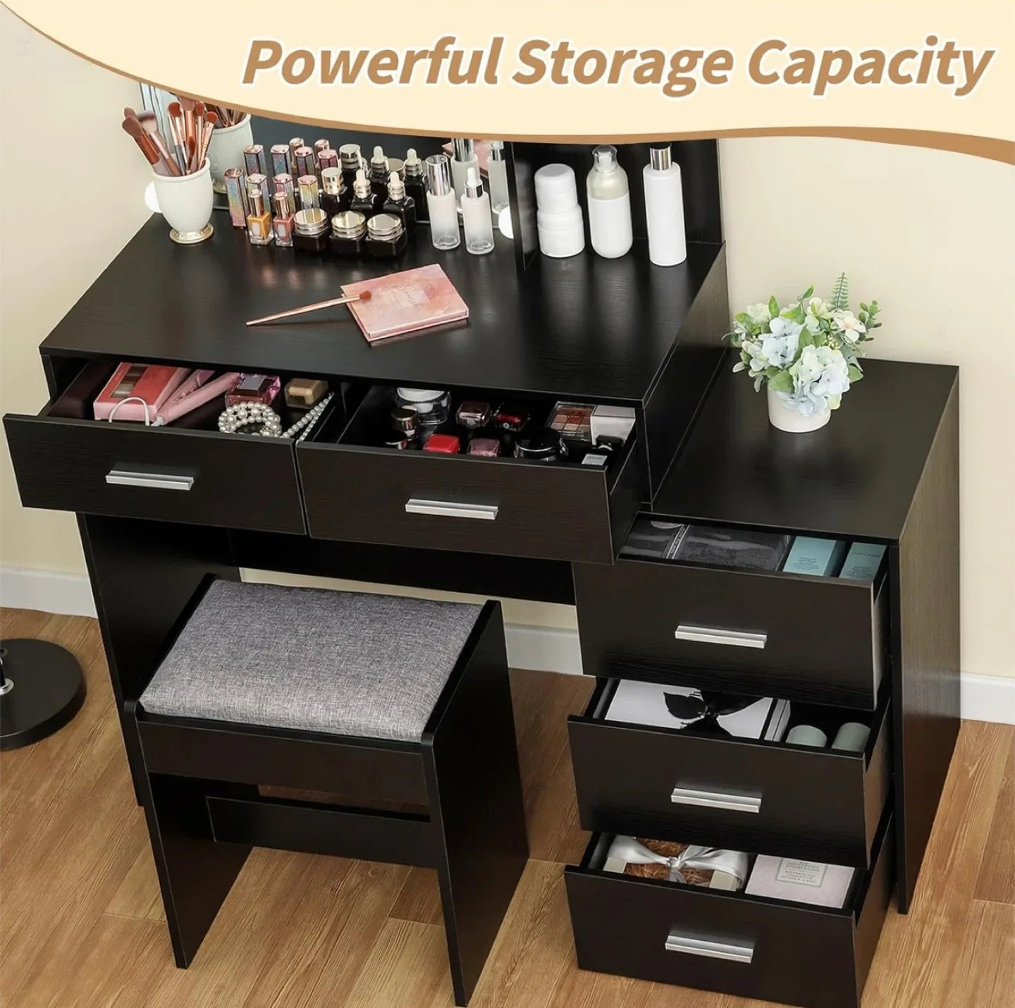 Black Vanity Table with Lighted Mirror & Stool image indicator(4)