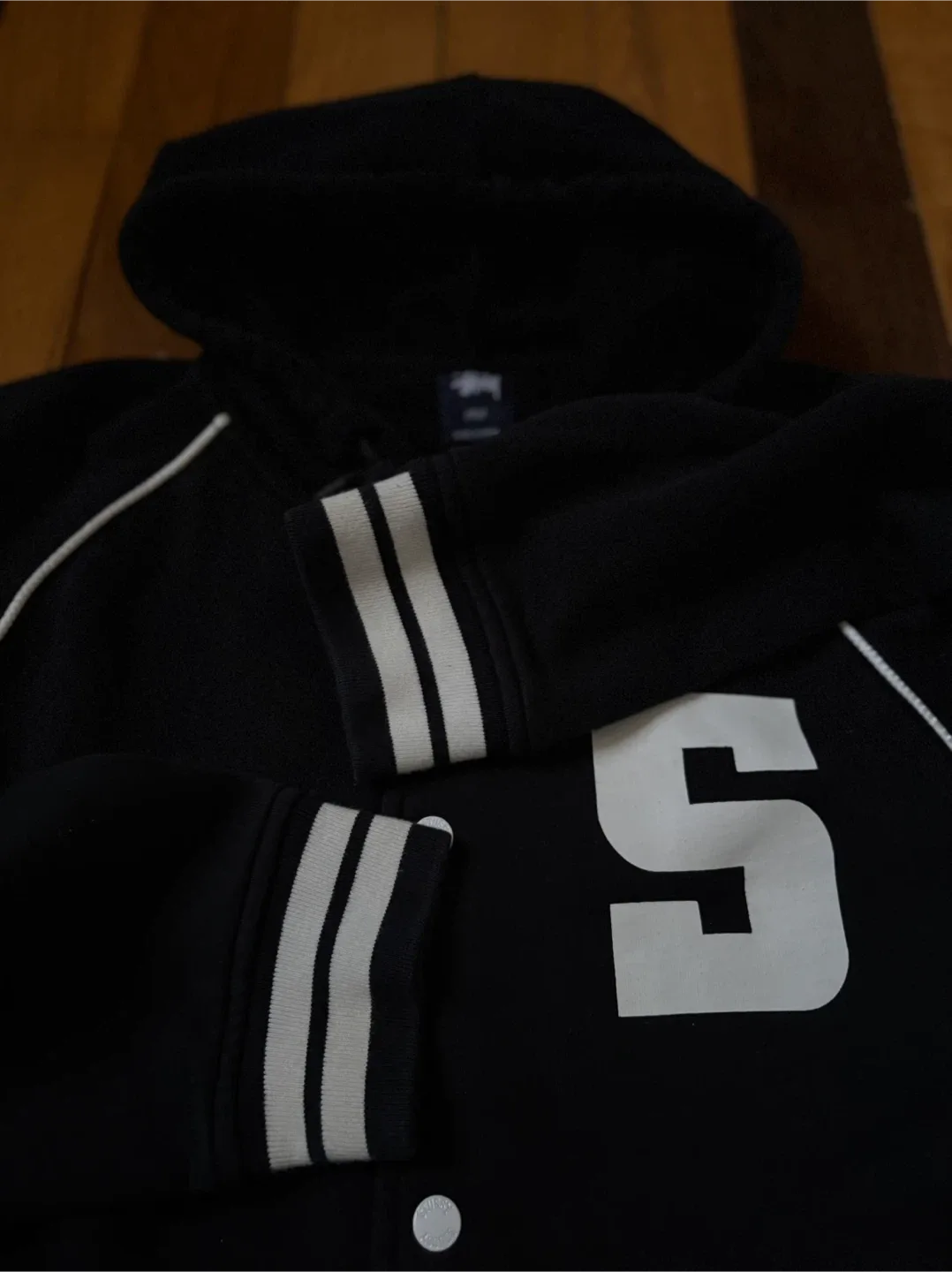 Stussy S logo Letterman hoodie jacket L 90s skate palace ftp image indicator(4)