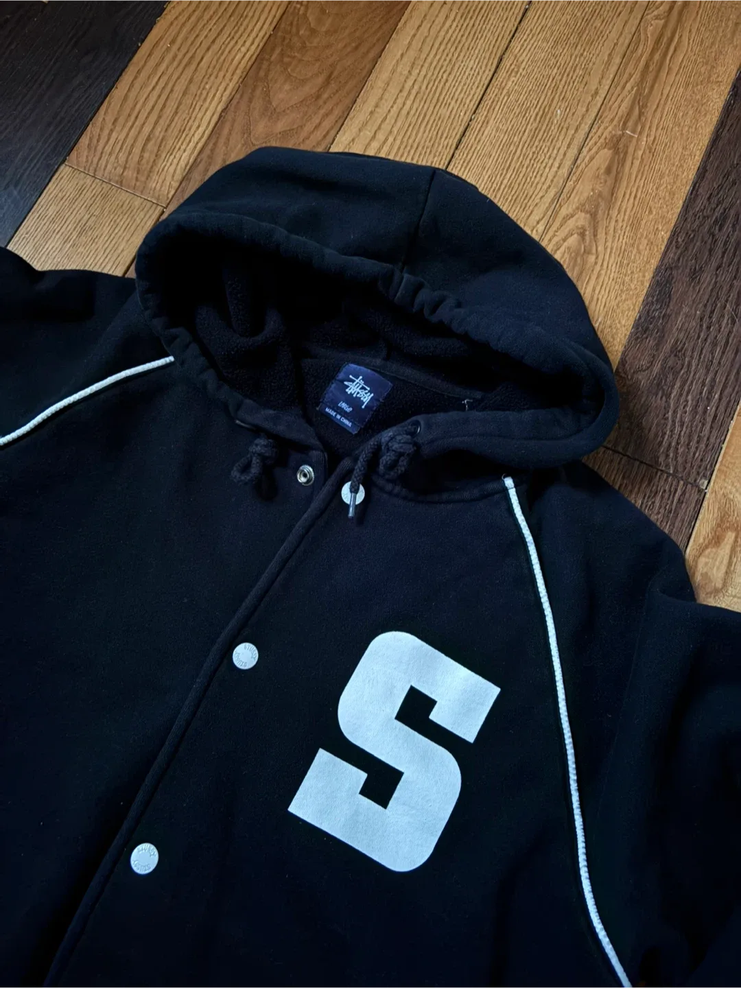 Stussy S logo Letterman hoodie jacket L 90s skate palace ftp image indicator(2)