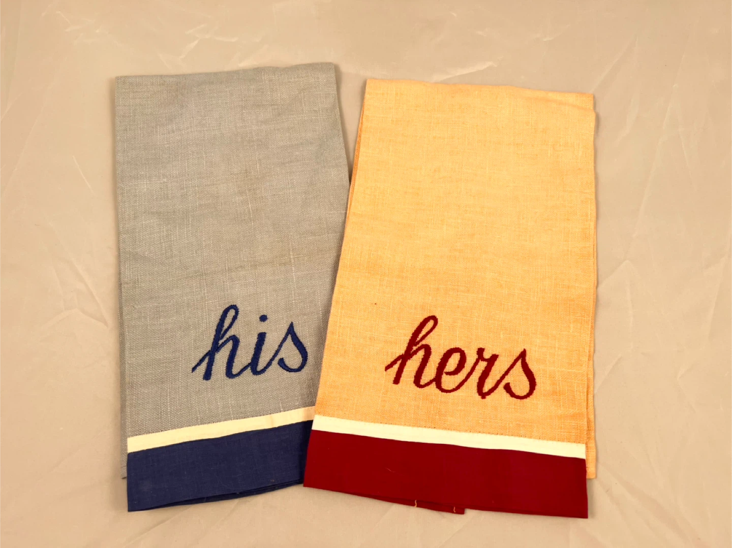 Vintage his and hers linen finger towels new condition