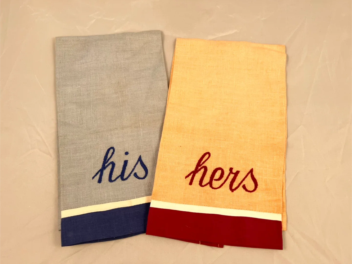 Vintage his and hers linen finger towels new condition thumbnail