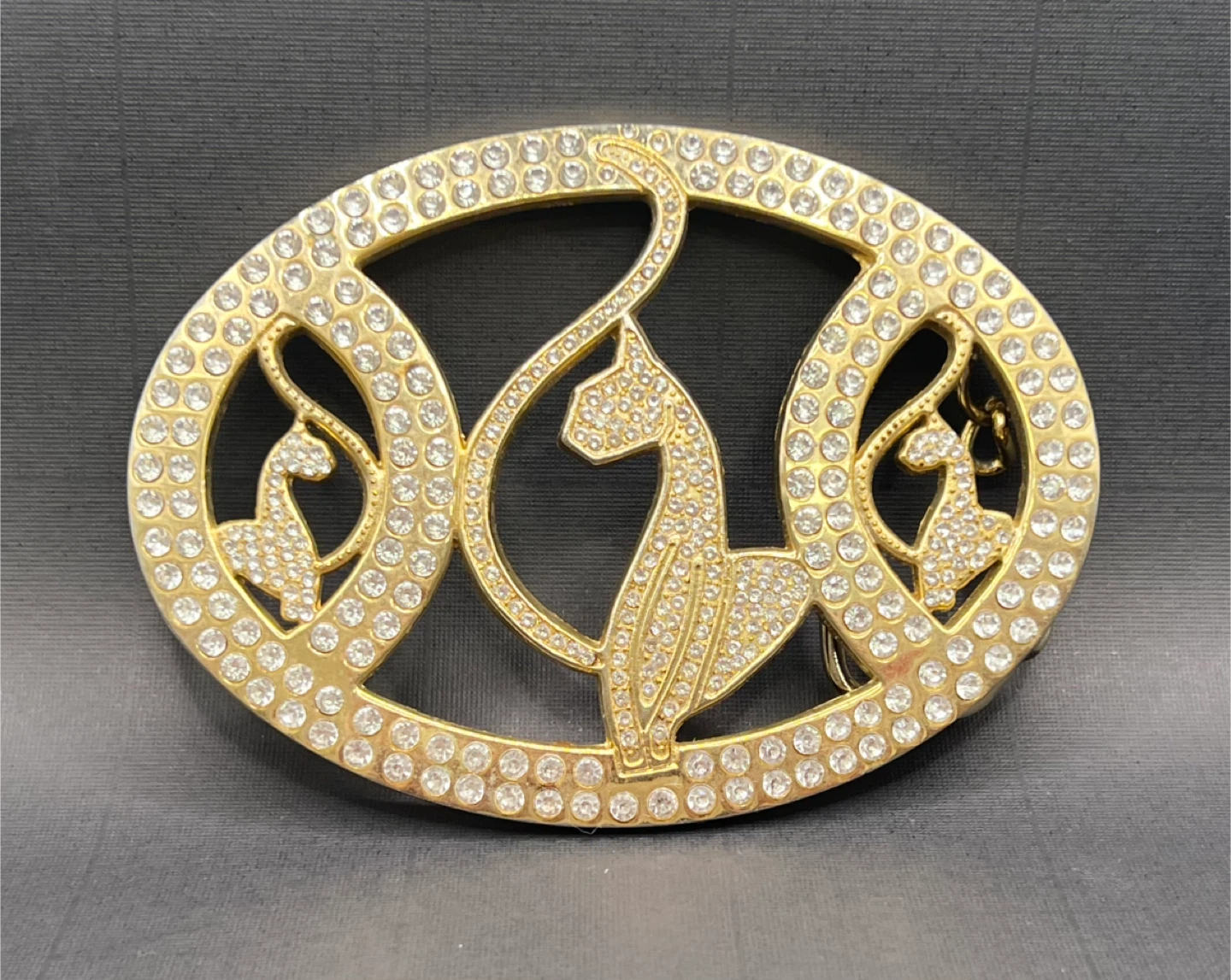 Gold Tone Rhinestone Cat Belt Buckle