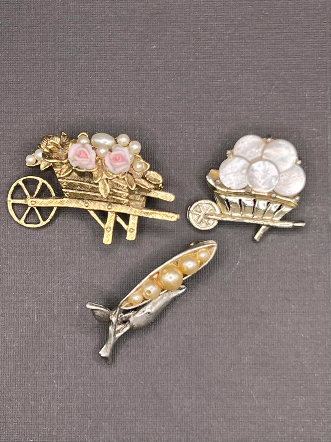 Vintage Wheelbarrow & Pea Pod Brooch Lot