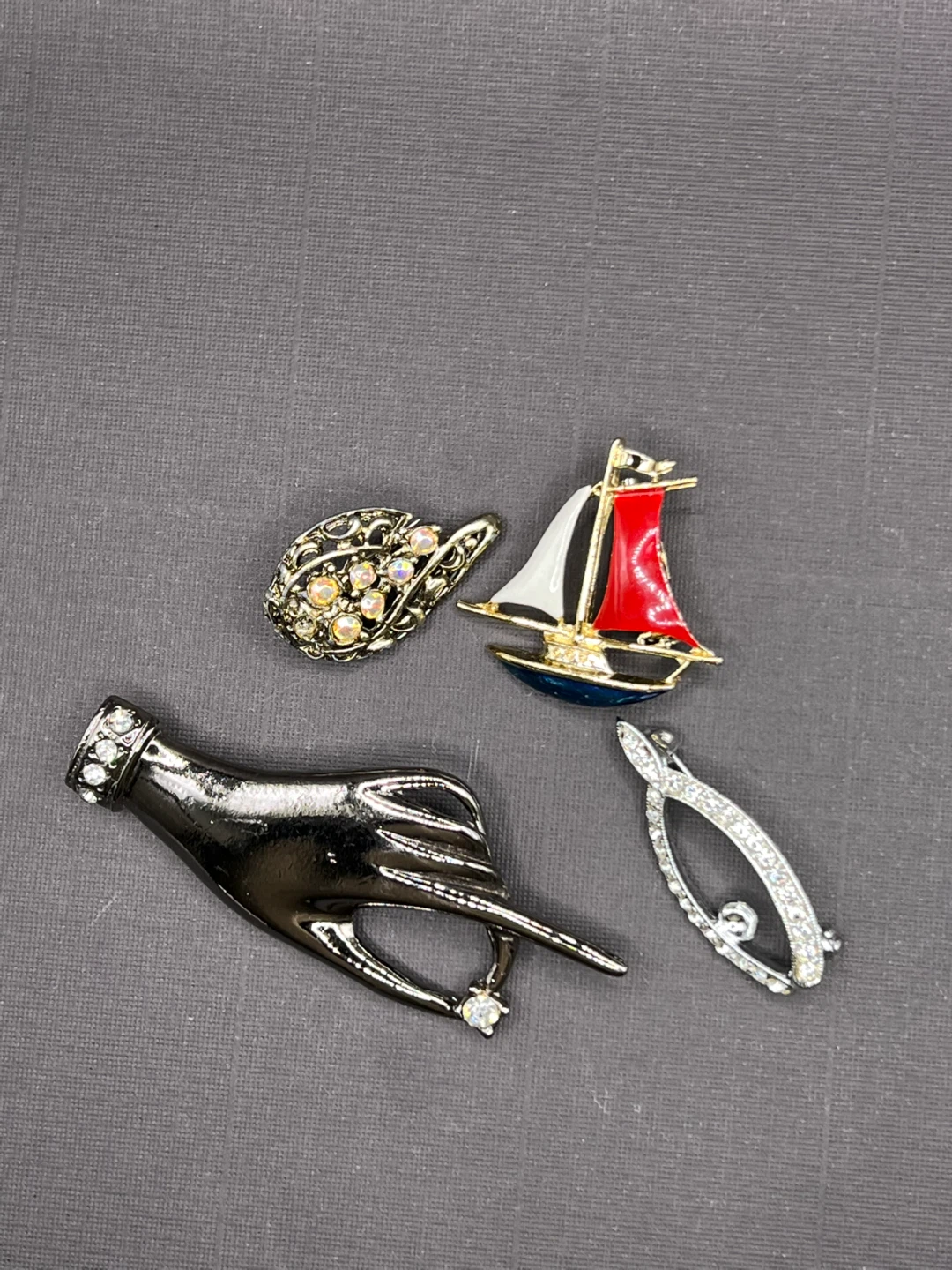 Vintage Brooch Set - Sailboat, Hand, Wishbone