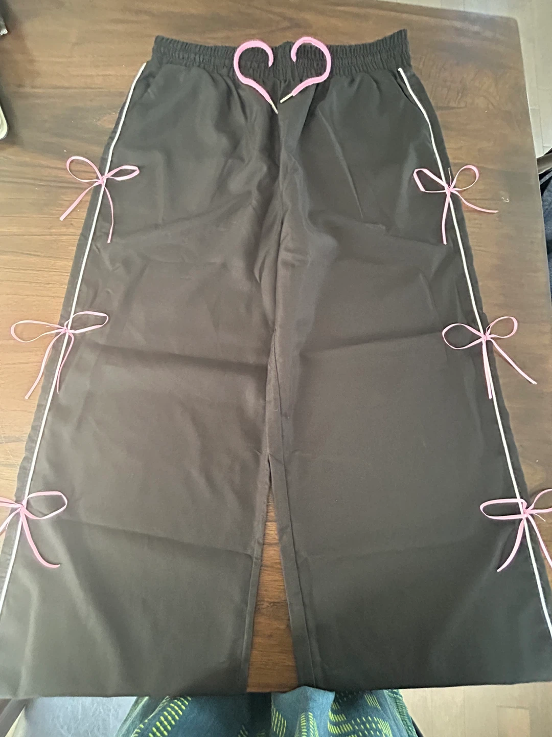 Black Wide Leg Pants with Pink Ribbon Detail