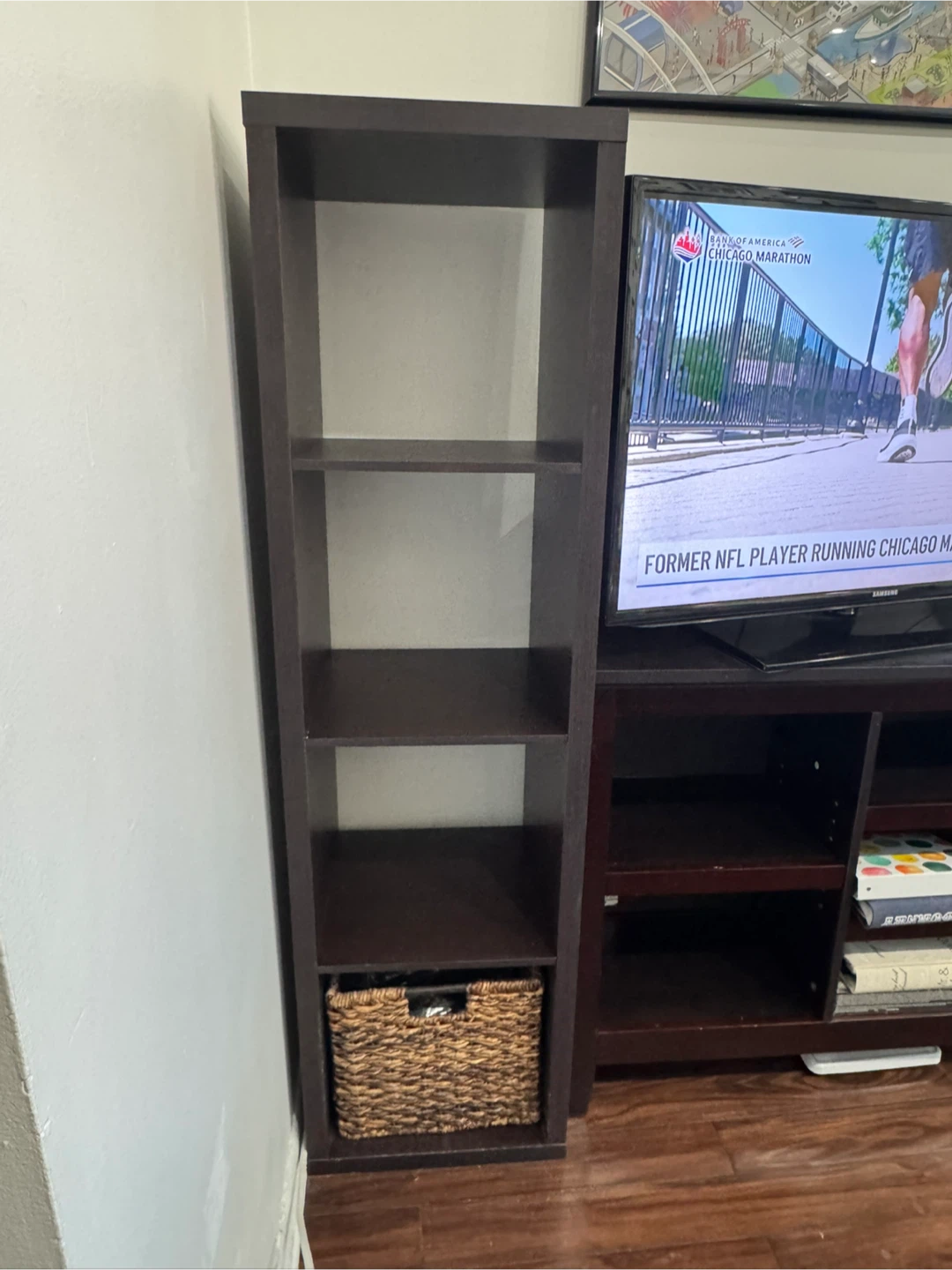 Dark Brown 4-Shelf Bookcase with basket