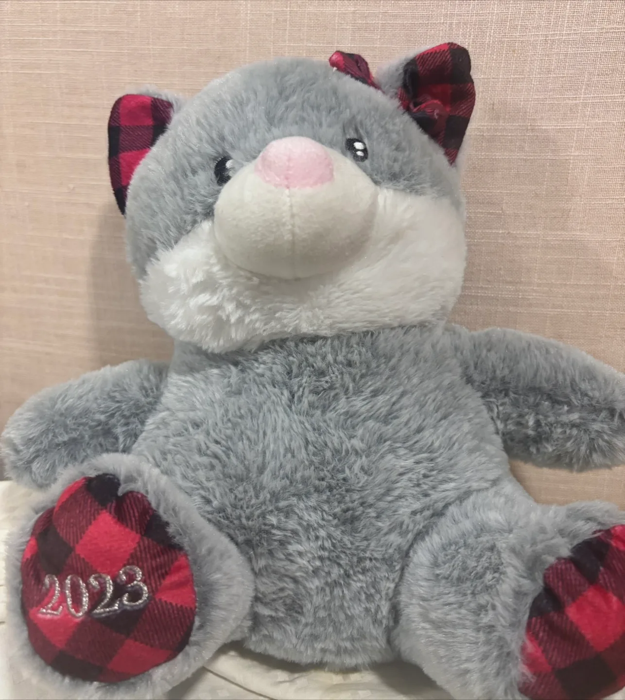 Gray Plush Animal with Red Plaid Accents - 2023 image indicator(3)