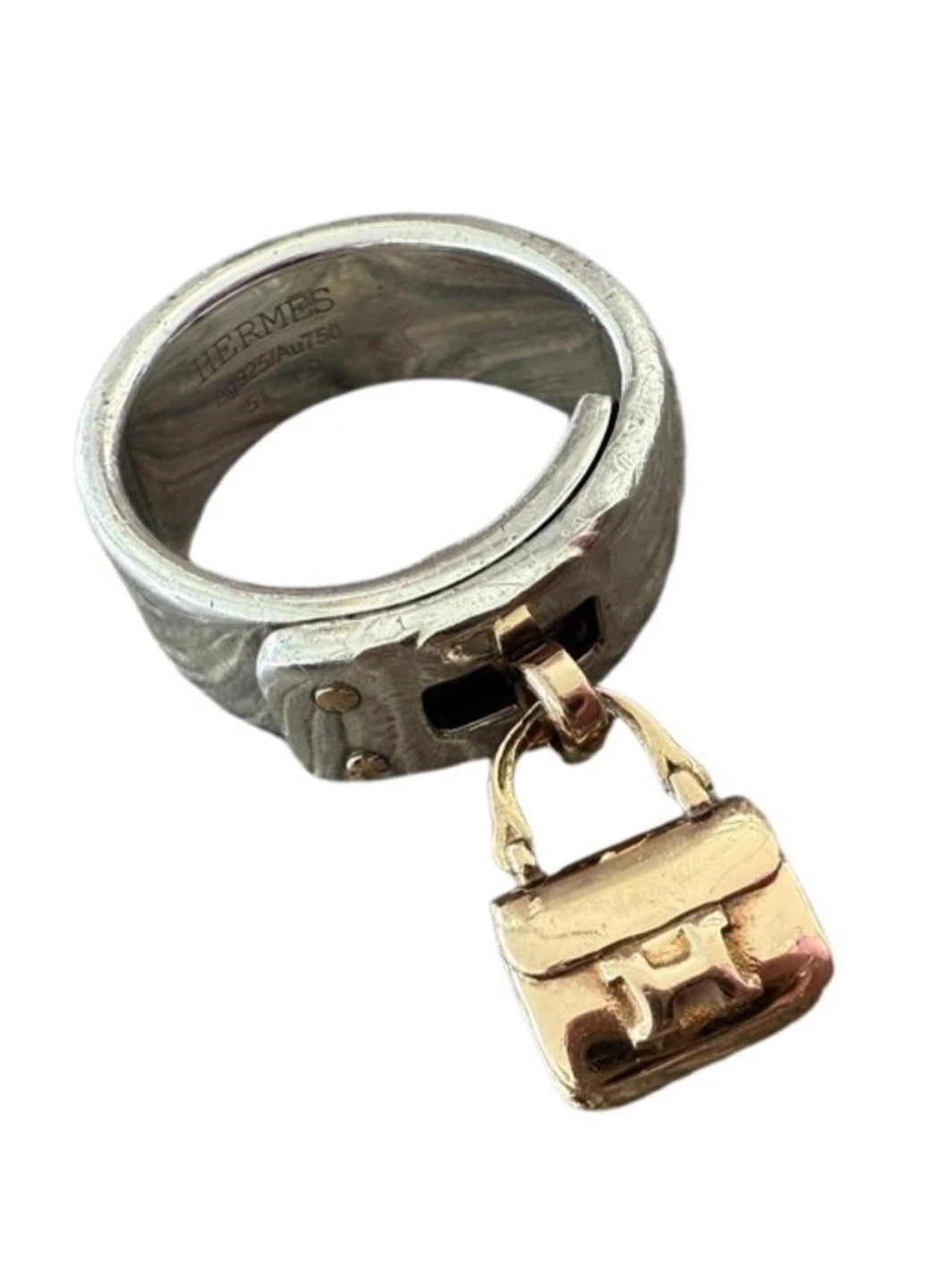 Authentic Hermes Silver & Gold Constance handbag Ring Size 51