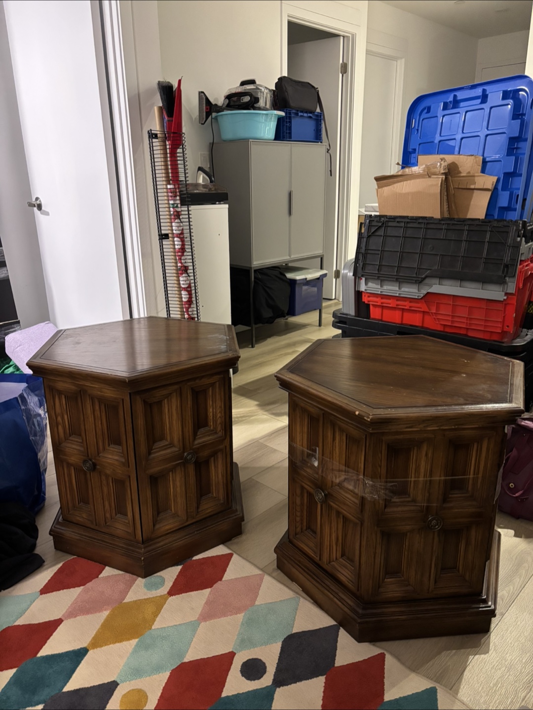 Antique Hexagon Wood End Tables - Set of 2