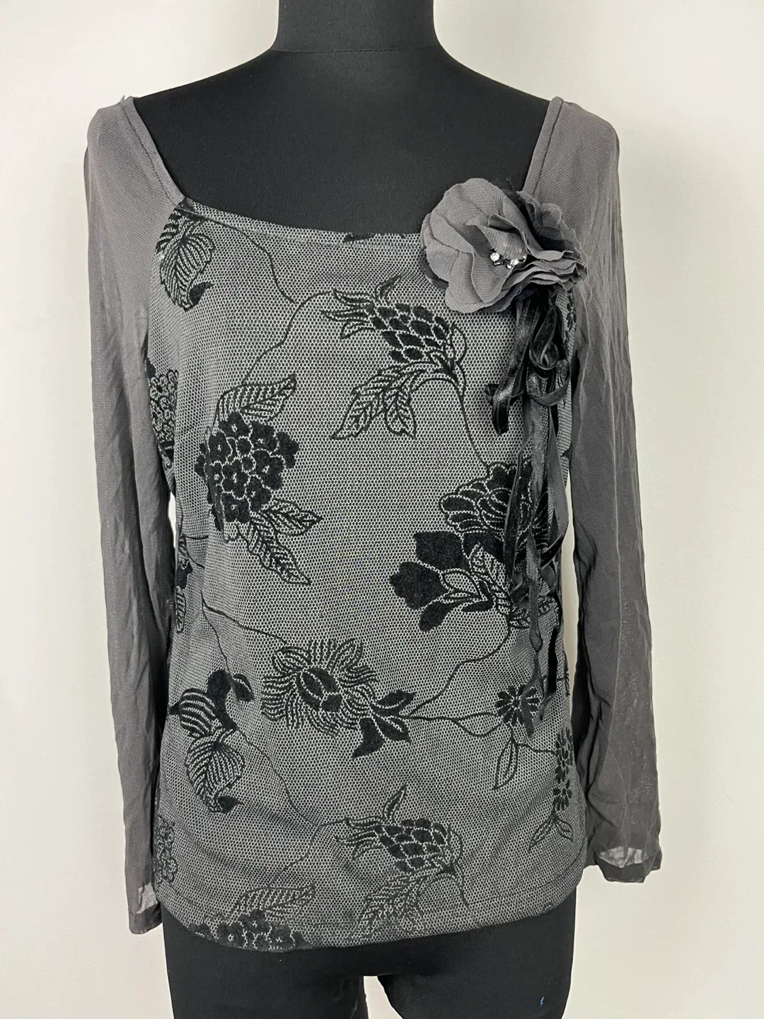Floral Embellished Grey Long Sleeve Top thumbnail