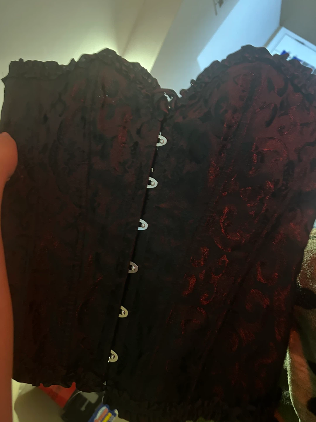 BLACK BROCADE SWEETHEART CORSET WITH RUFFLE TRIM - Size XXL