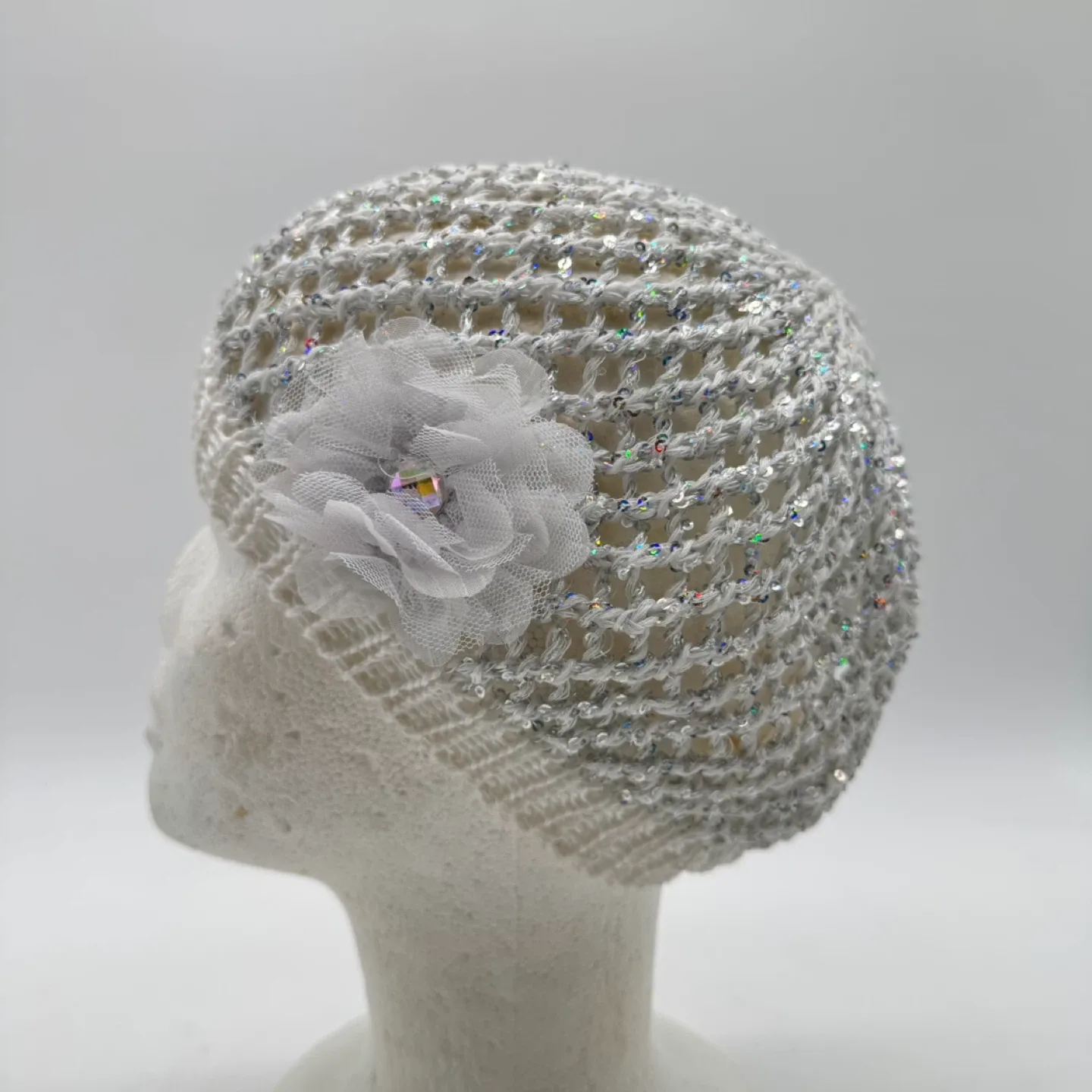 Justice White Knit Sparkly Beanie Hat with Flower - One Size thumbnail
