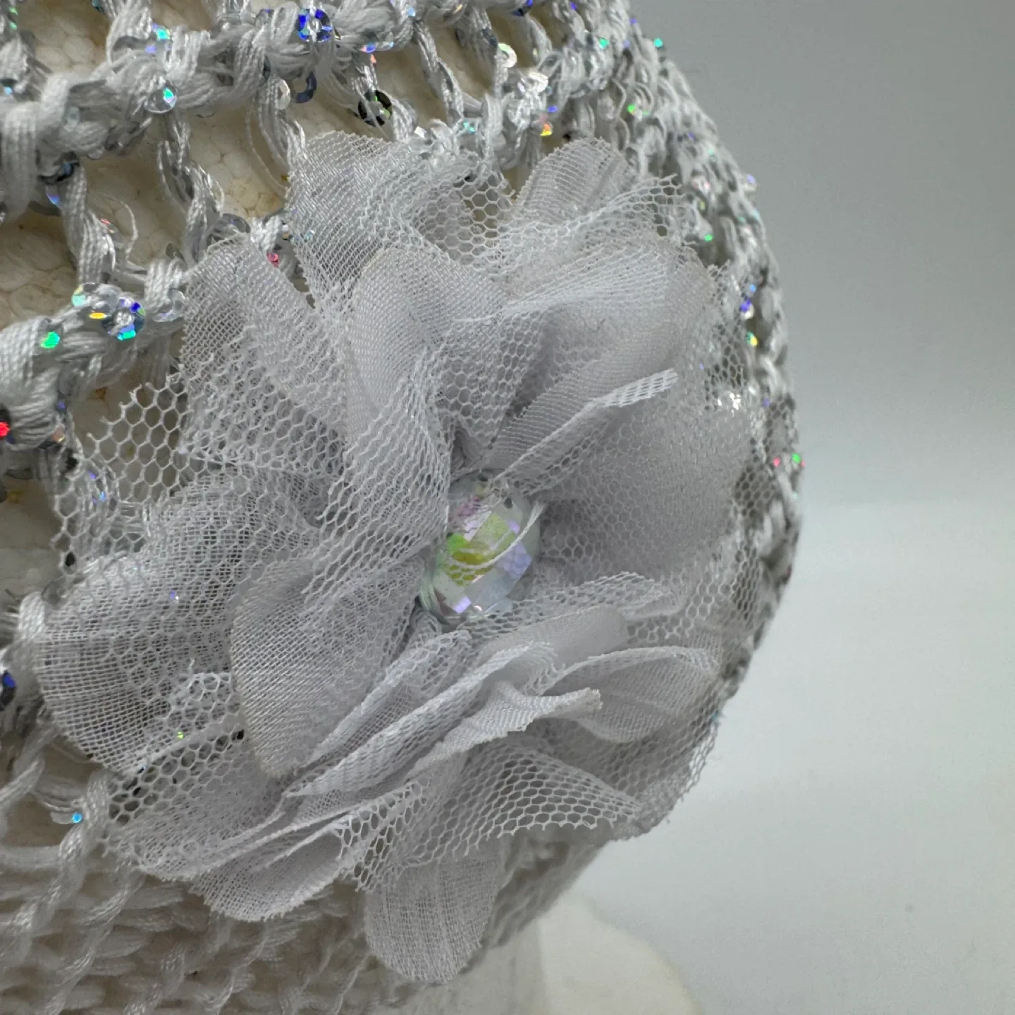 Justice White Knit Sparkly Beanie Hat with Flower - One Size image indicator(4)