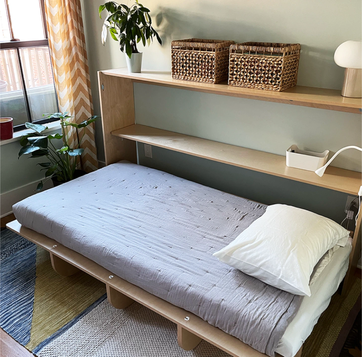 Twin Murphy Bed with Shelving, Natural Wood