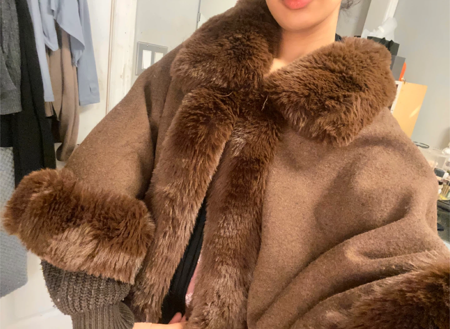 Brown Cashmere Cape with Faux Fur Trim - photo 2