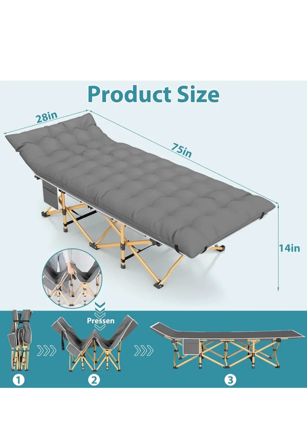 Portable Camping Cot with Mattress 75x28in image indicator(3)