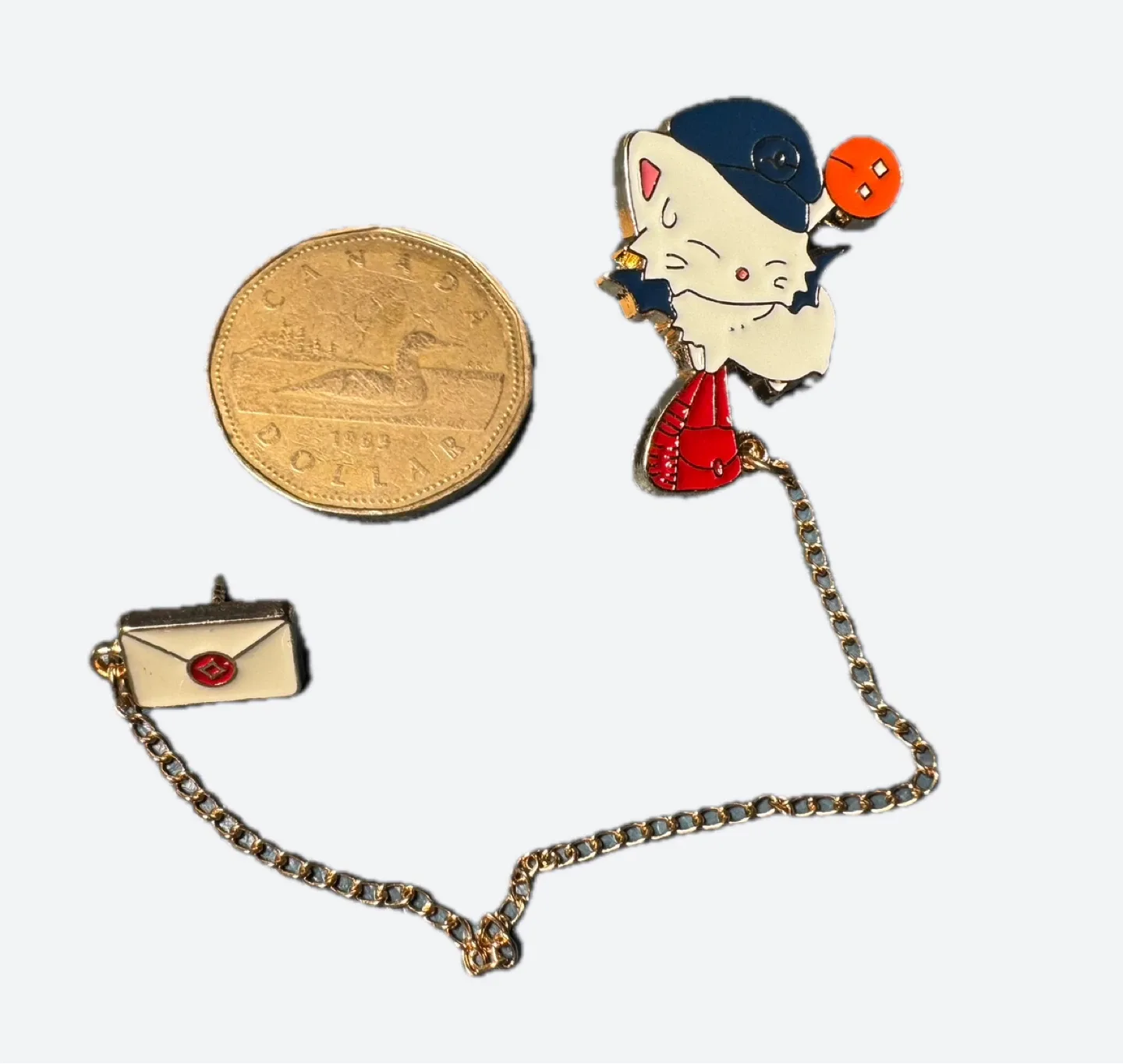 Cute Cat Mail Enamel Pin with Chain
