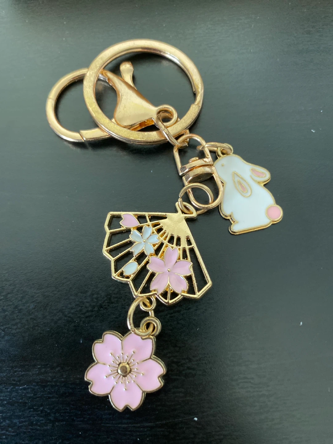 Sakura, Fan, and Rabbit Charm Keyring