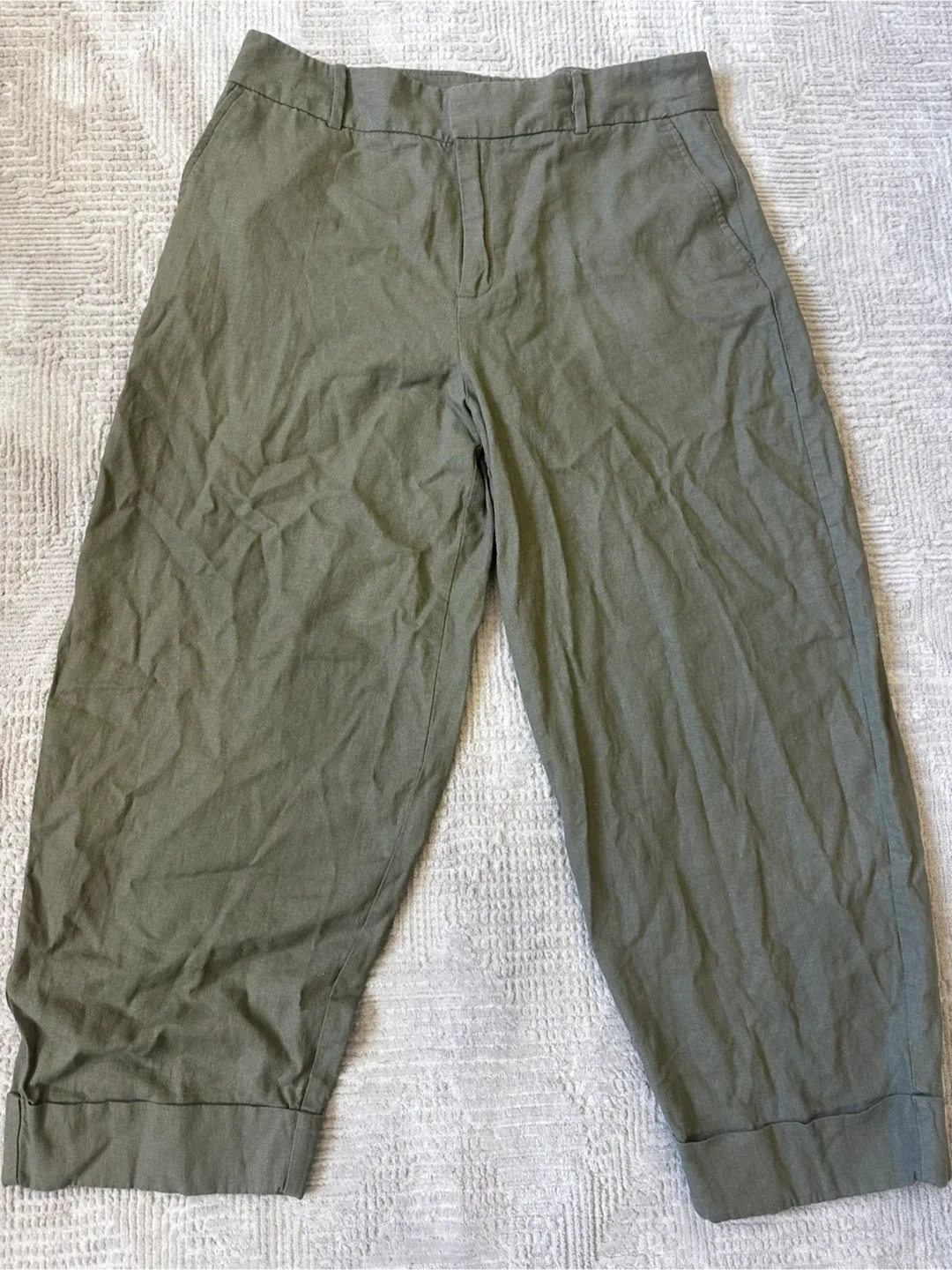 Women's Zara Olive Green Cropped Linen Blend Pants - Size L thumbnail