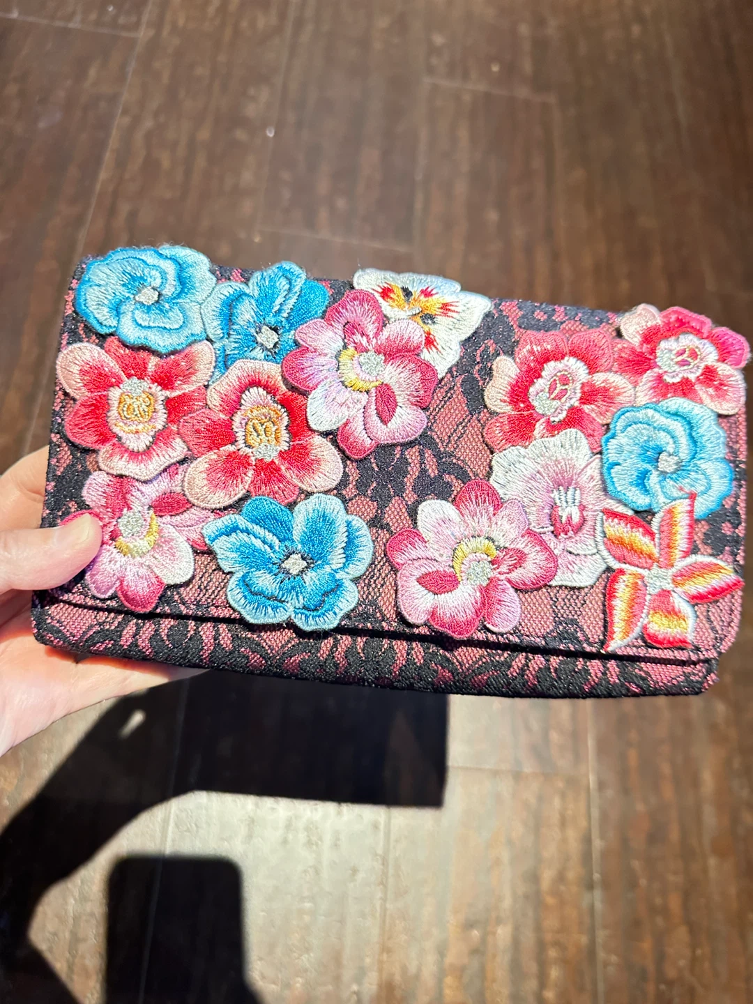 Floral Embroidered Clutch with Chain Strap