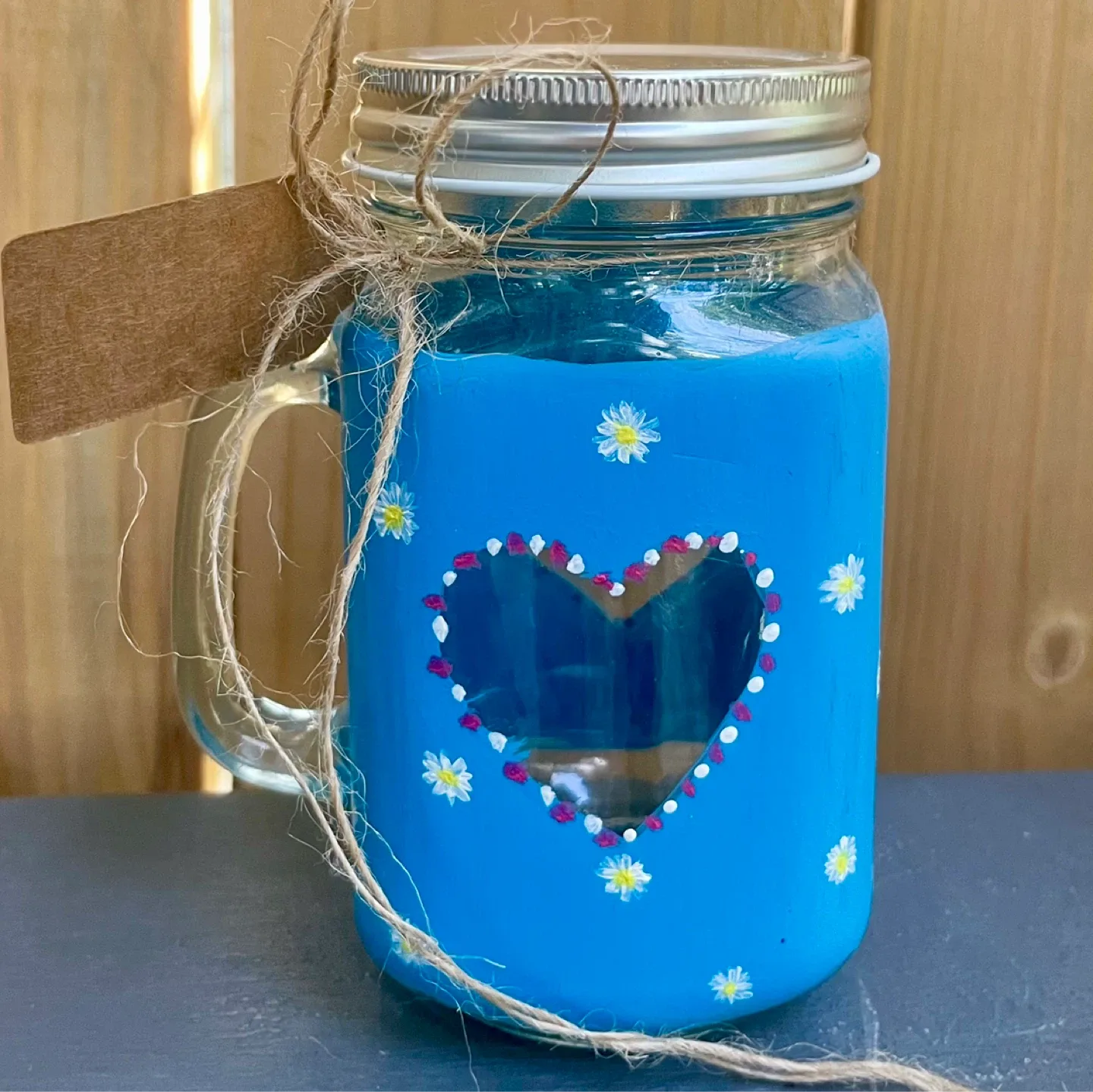 Hand-Painted Blue Mason Jar with Daisy Design