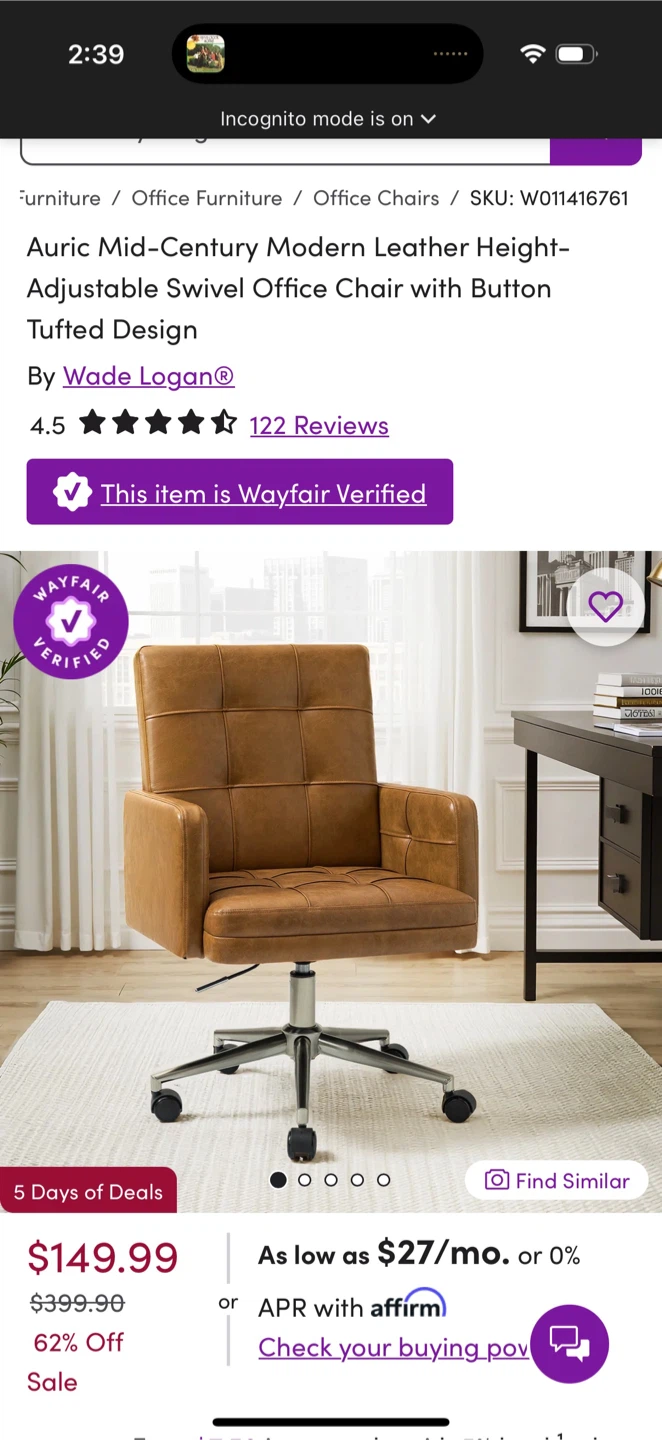 Mid Century Modern Leather Swivel Office Chair - photo 2