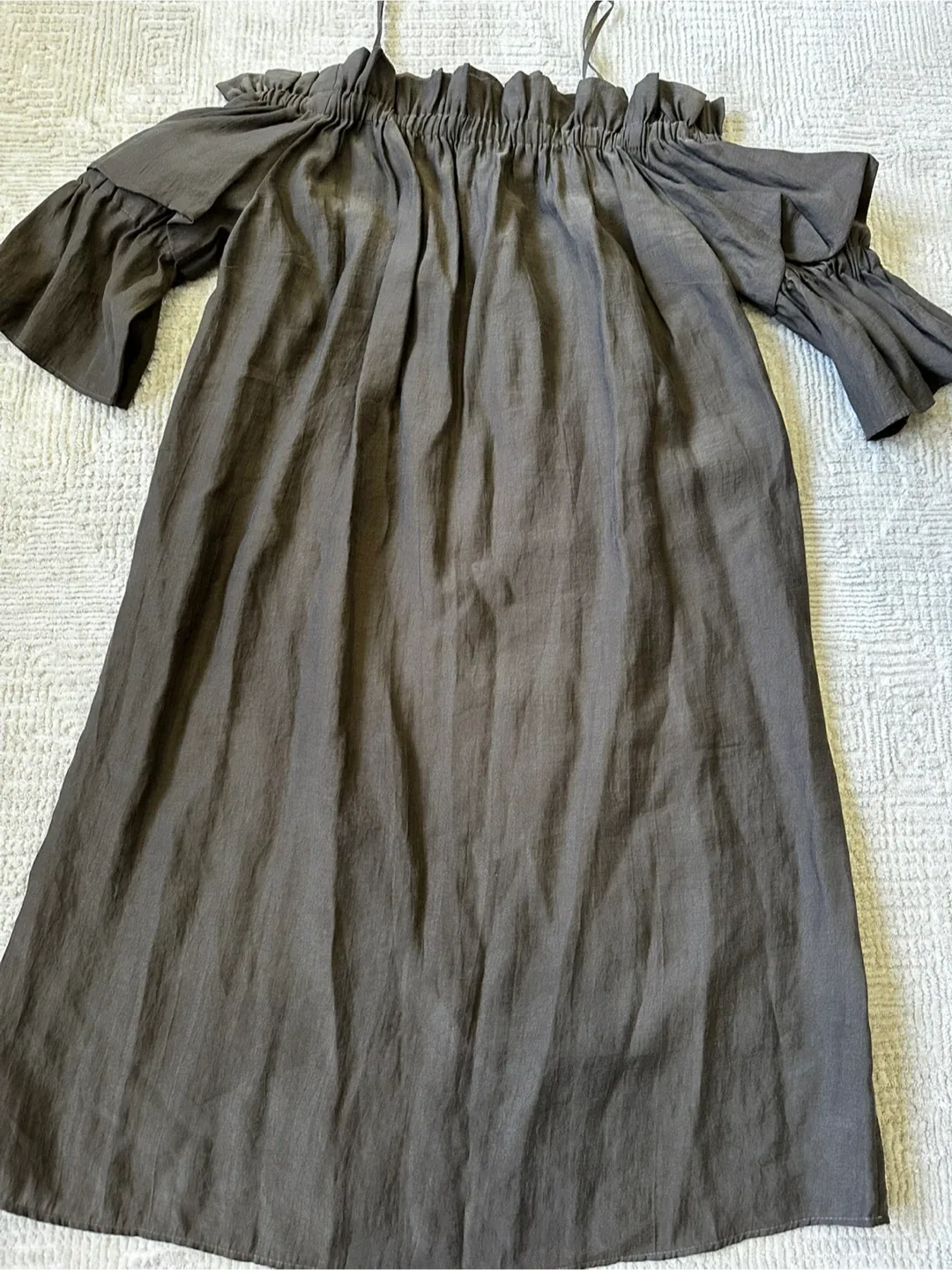 Mark and Spencer Off-the-Shoulder Khaki Dress thumbnail