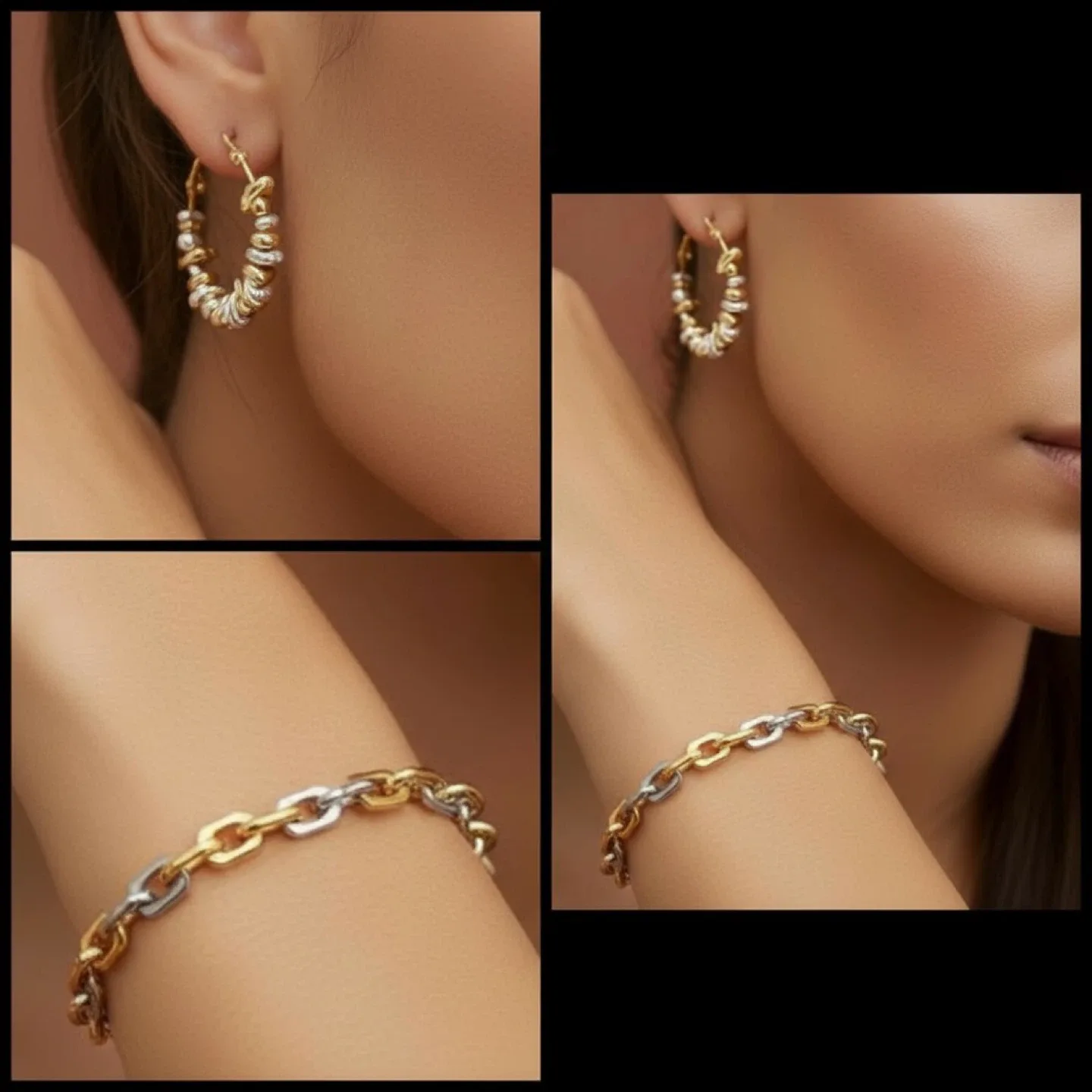 🧡 Set of 2 Two-tone Earrings & Bracelet Steel Plated thumbnail