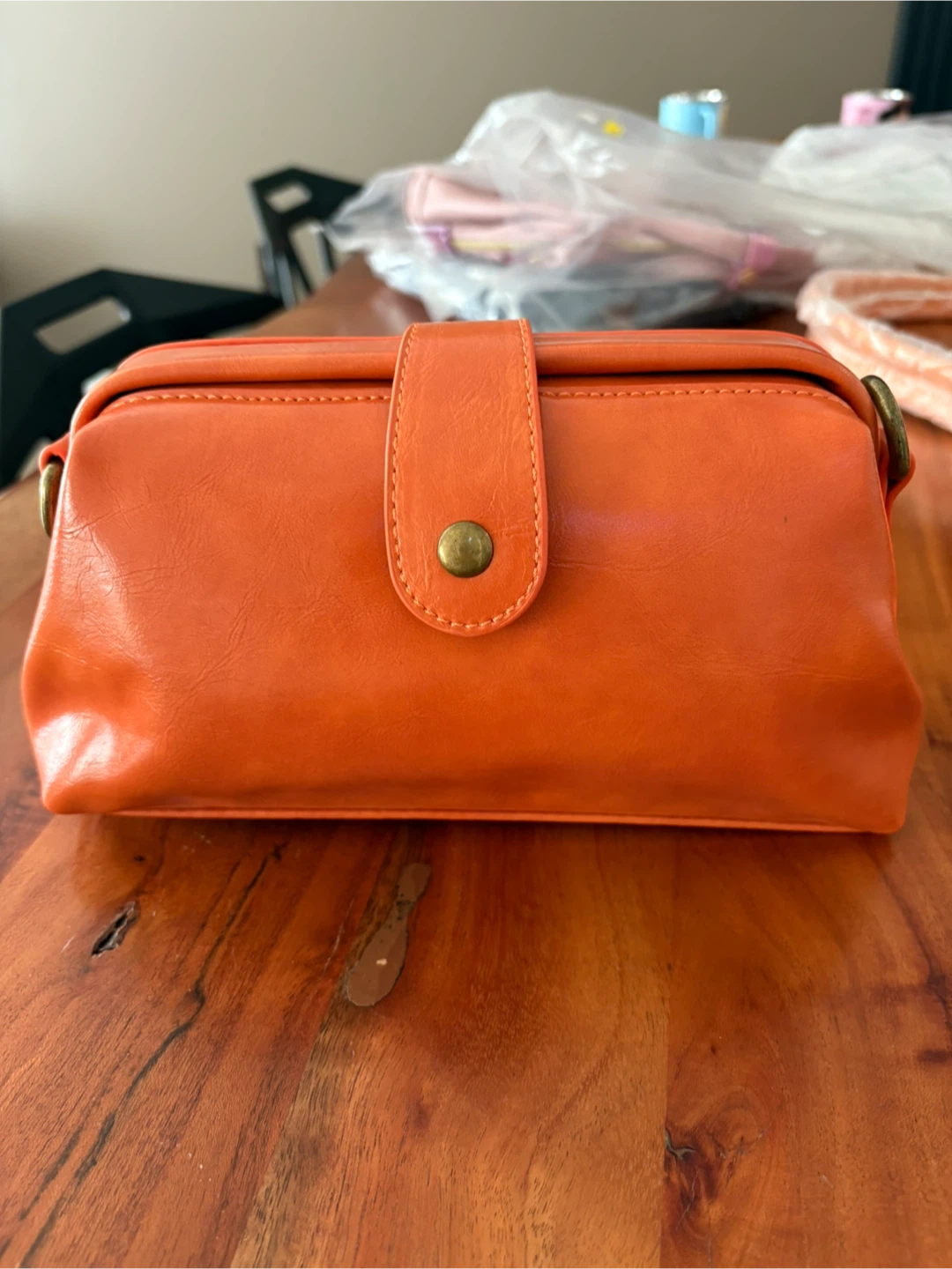 Orange Leather Handbag with Shoulder Strap
