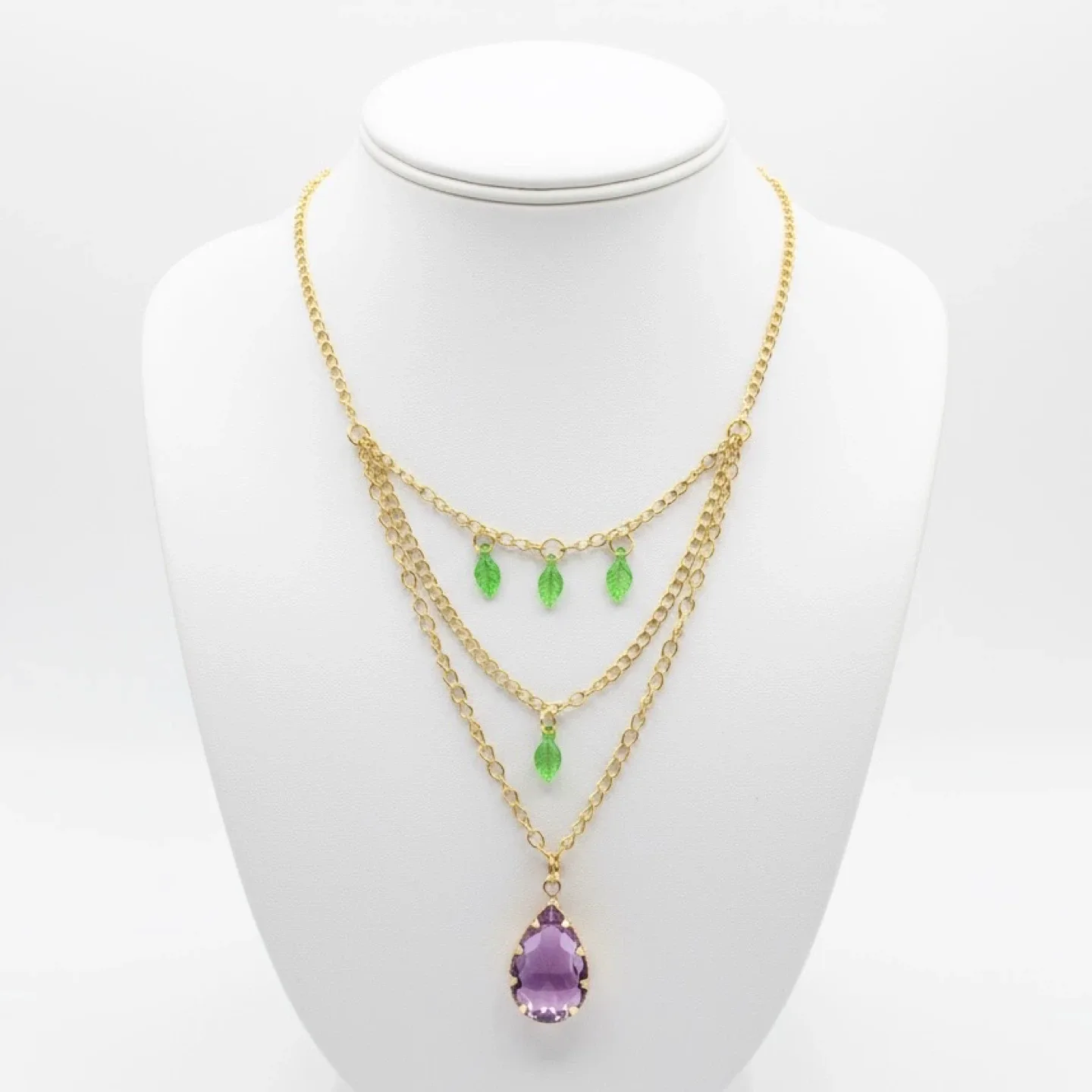 Fairycore Purple Ombre Crystal Pendant Green Leaf Necklace thumbnail