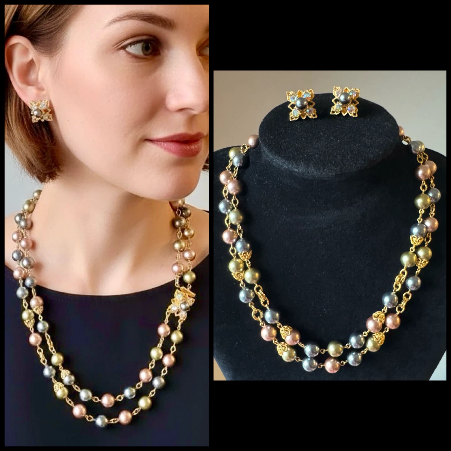 Joan Rivers Double Pearl Strand + AB Clip On Earrings