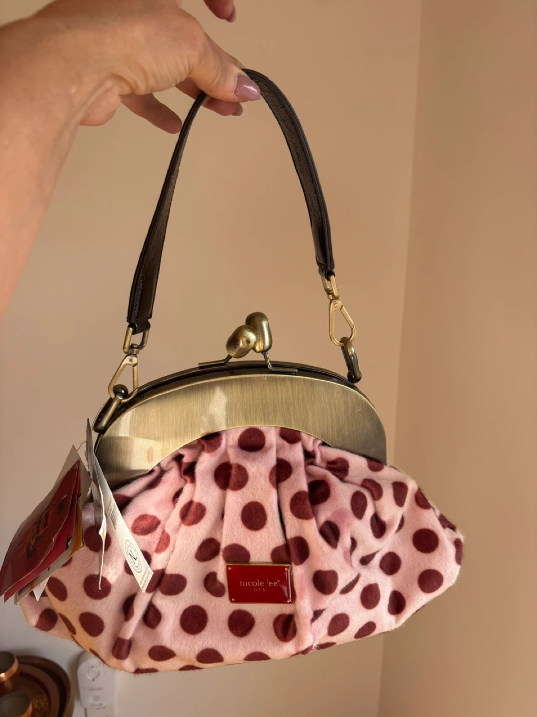Nicole Lee Hallie Tan Faux Fur Polka Dot Bag