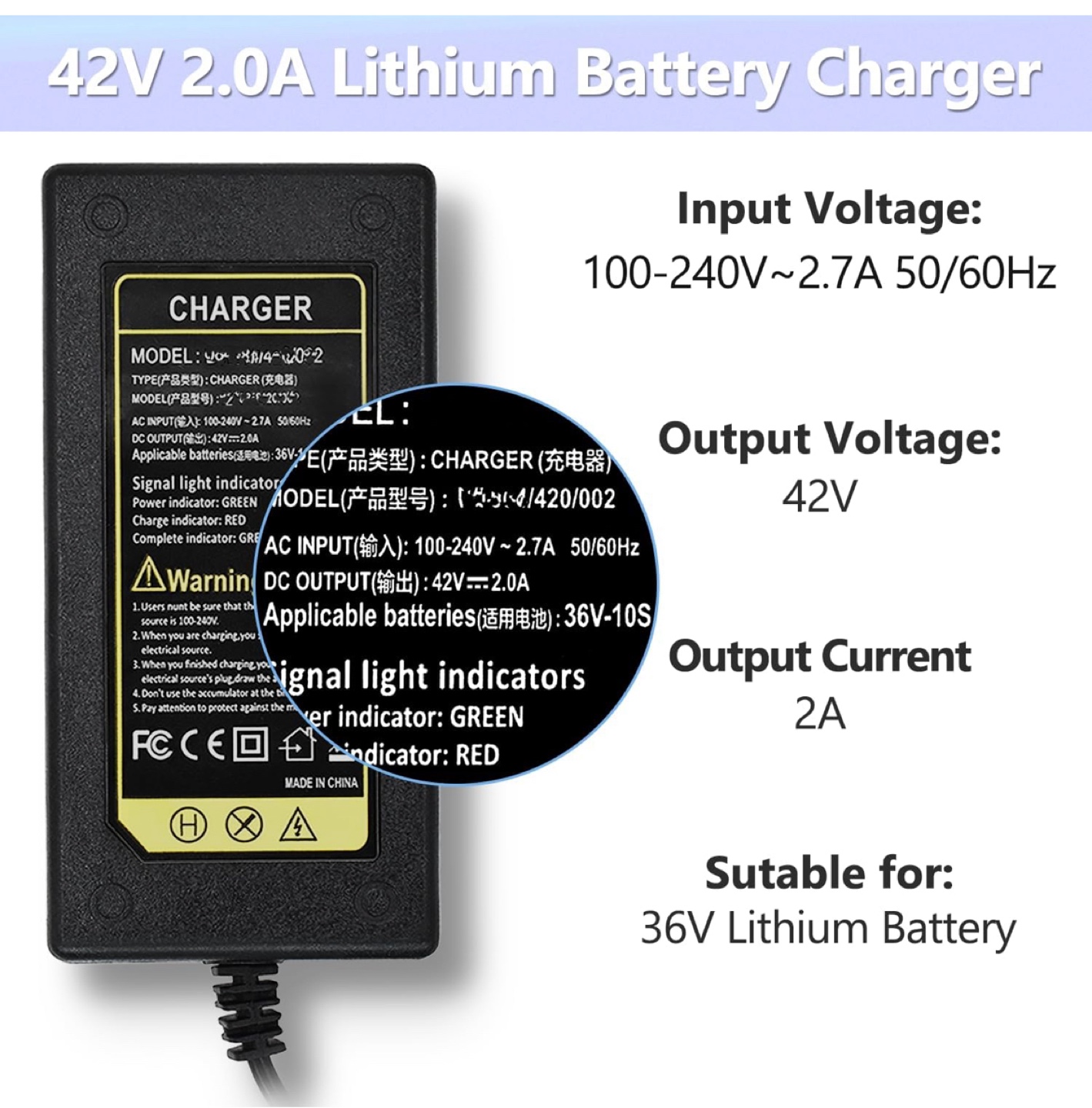 42V 2A Scooter Charger for 36V 10S Lithium Battery, Pinkind 36V - photo 5