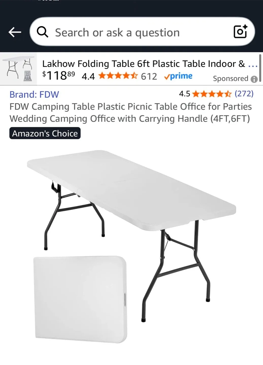 FDW Camping Table - Plastic Picnic Table, White thumbnail