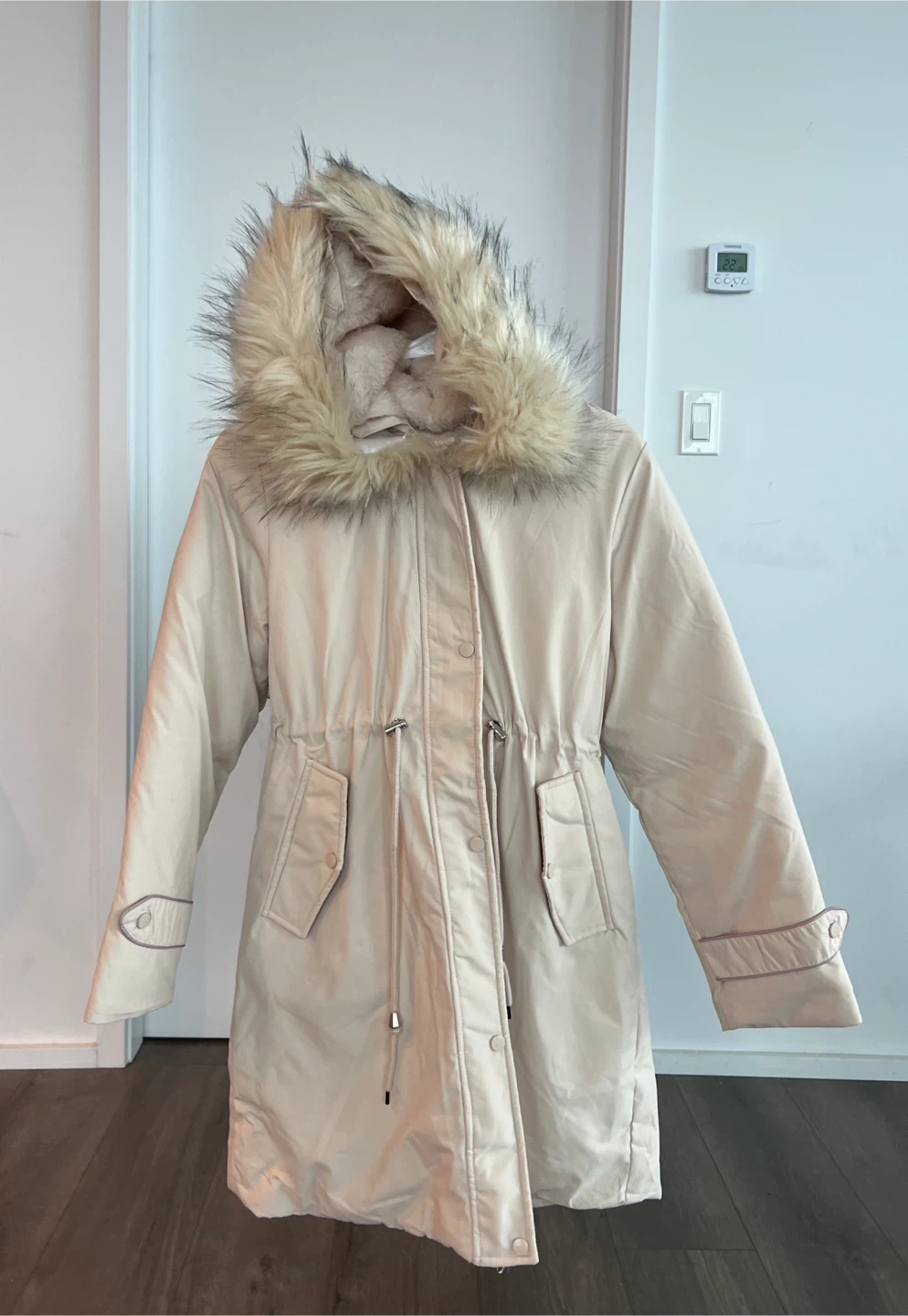 Beige Winter Coat with Fur Hood