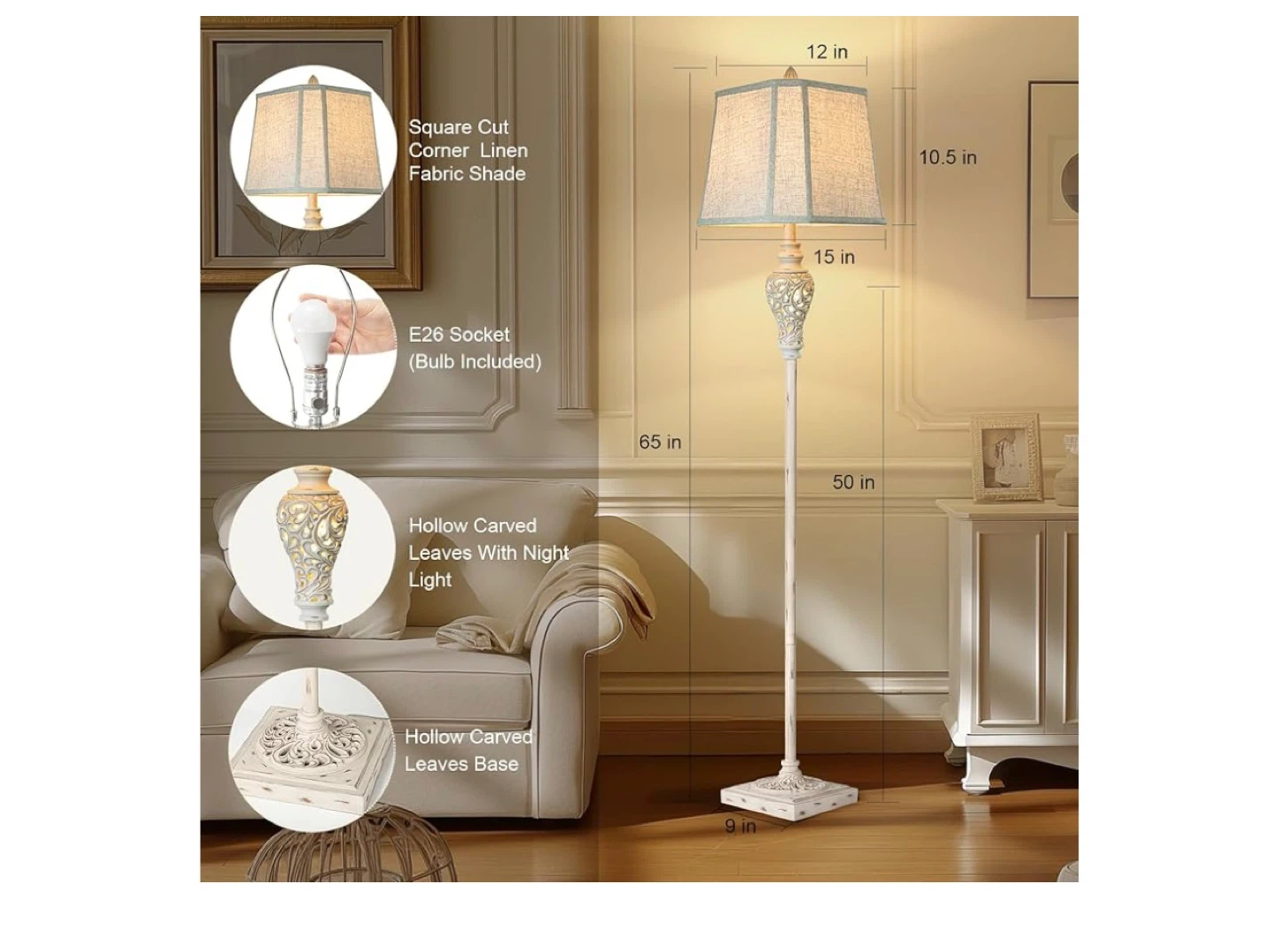 Floor Lamp with Square Cut Corner Linen Fabric Shade