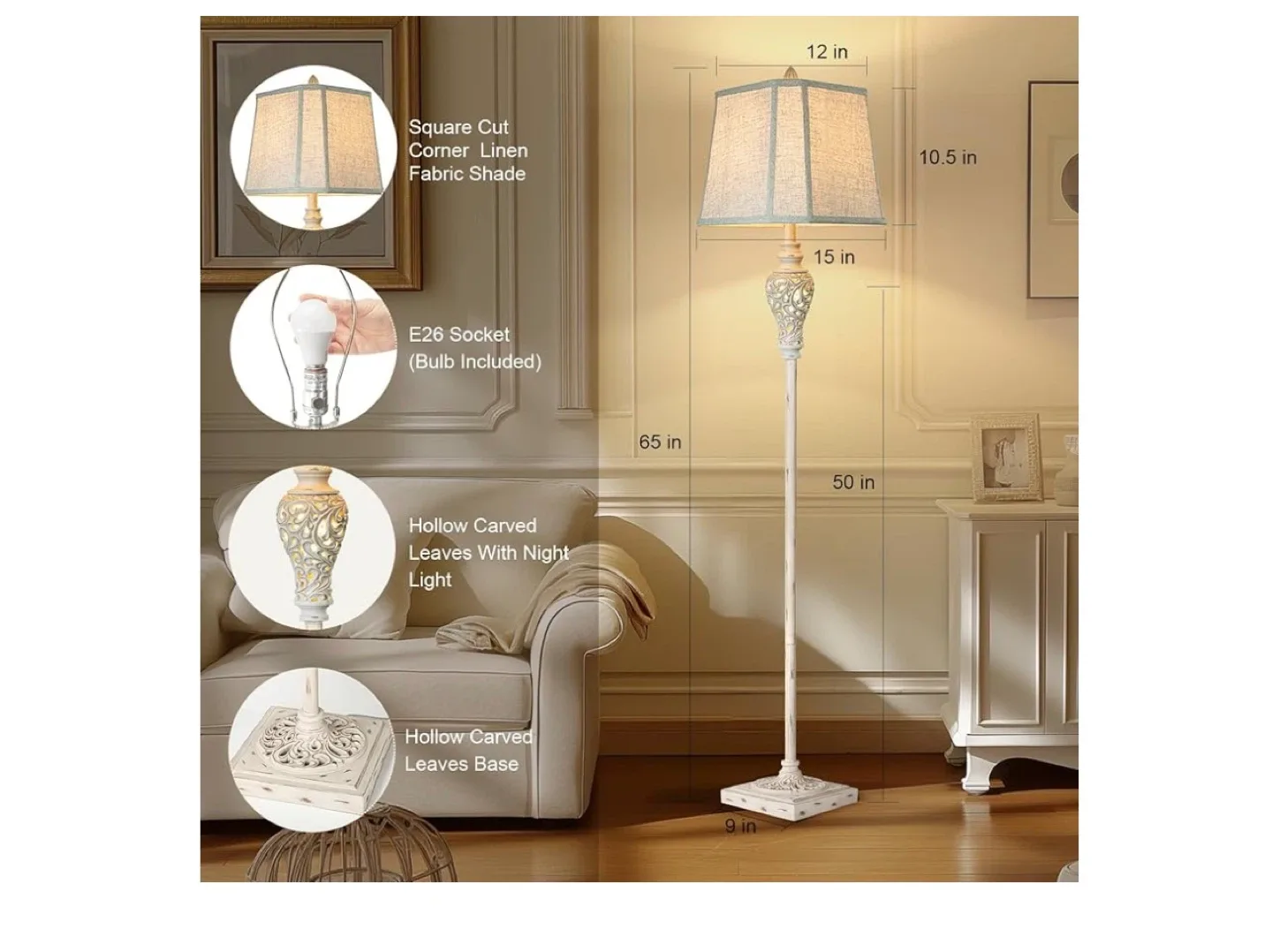 Floor Lamp with Square Cut Corner Linen Fabric Shade thumbnail