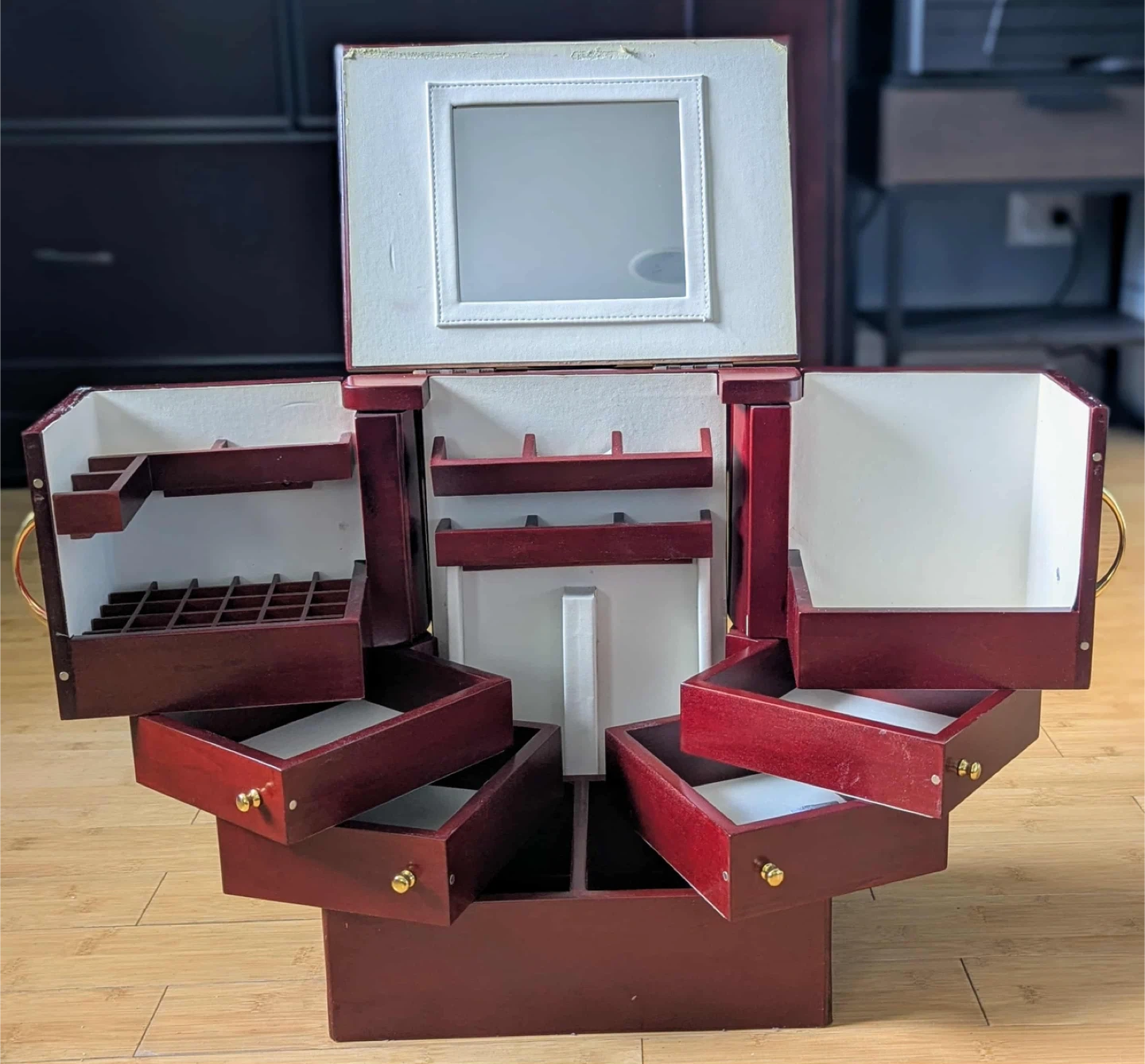 Wooden Jewelry Box with Drawers & Mirror