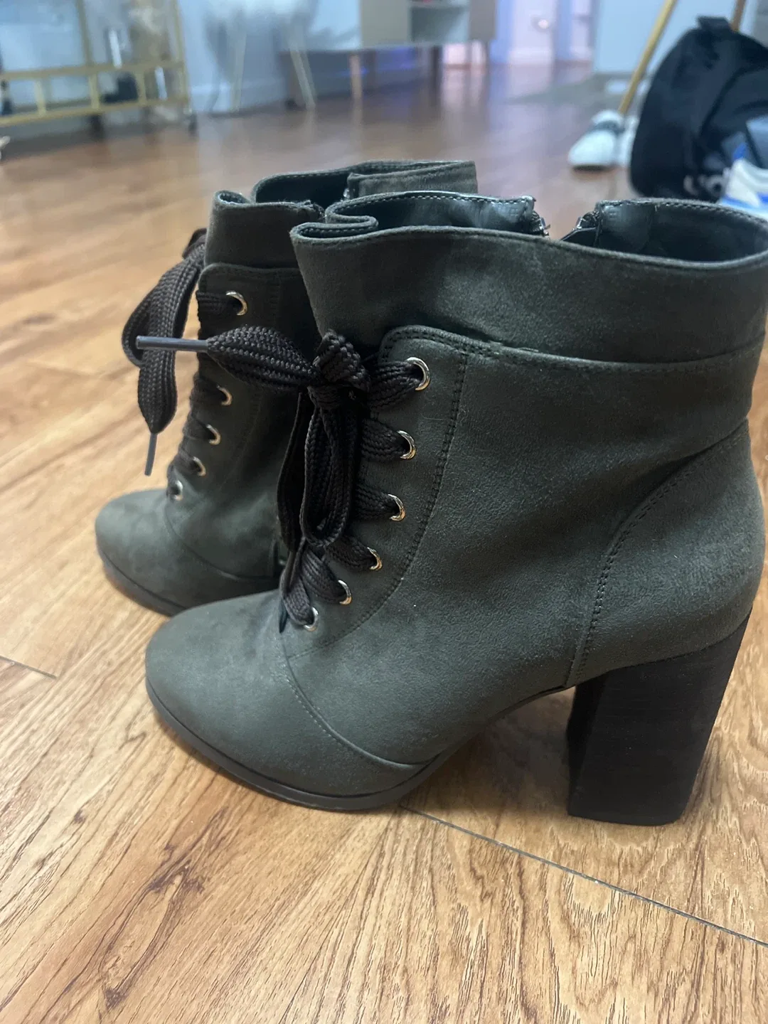 Olive Green Lace-Up Heeled Booties image indicator(2)