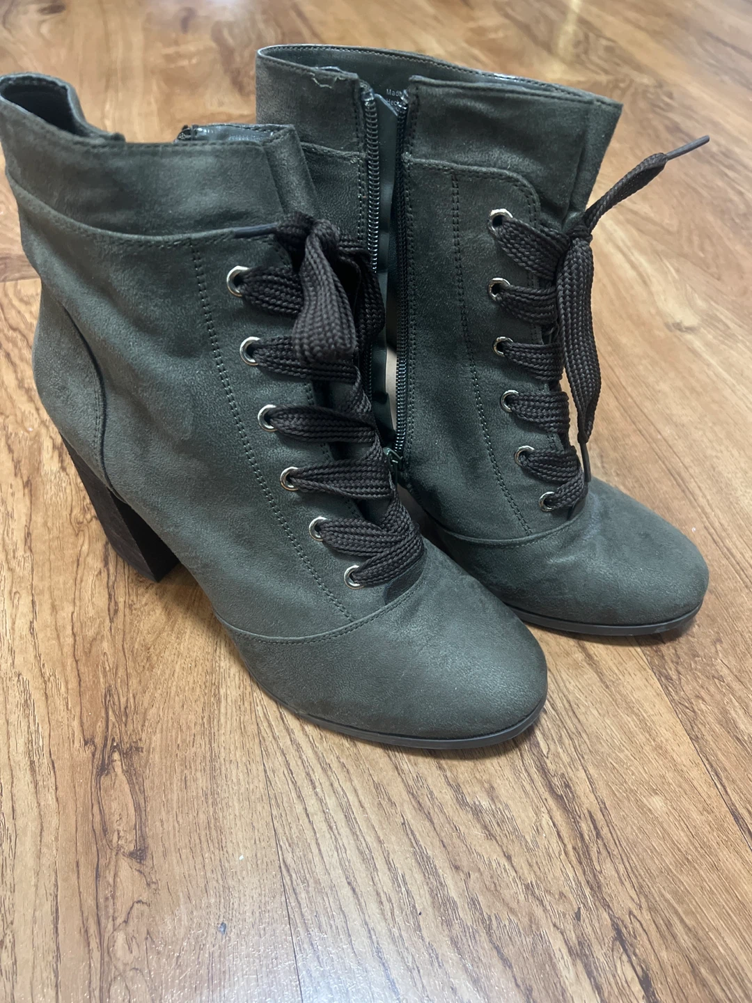 Olive Green Lace-Up Heeled Booties