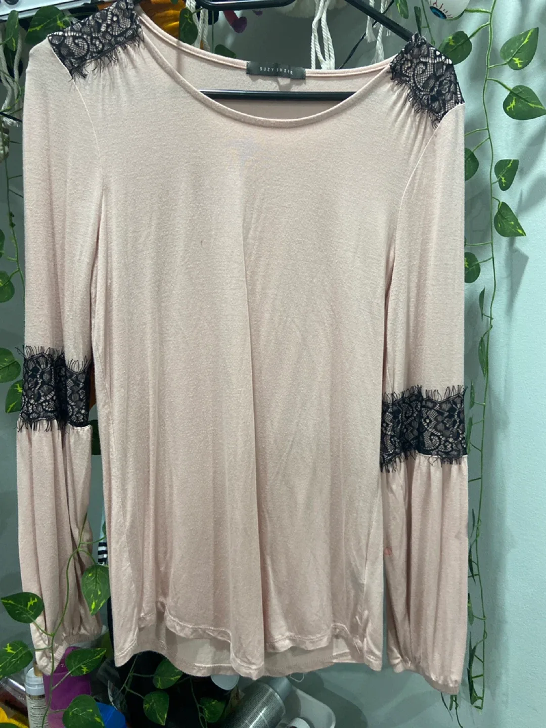 Suzy Shier Pink Lace Trim Long Sleeve Top thumbnail