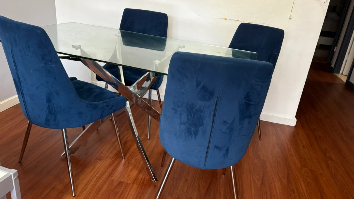Glass Dining Table with 4 Blue Velvet Chairs