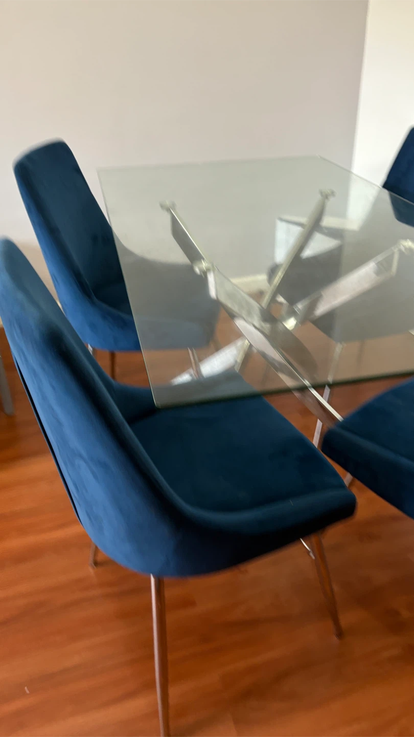 Glass Dining Table with 4 Blue Velvet Chairs - photo 5