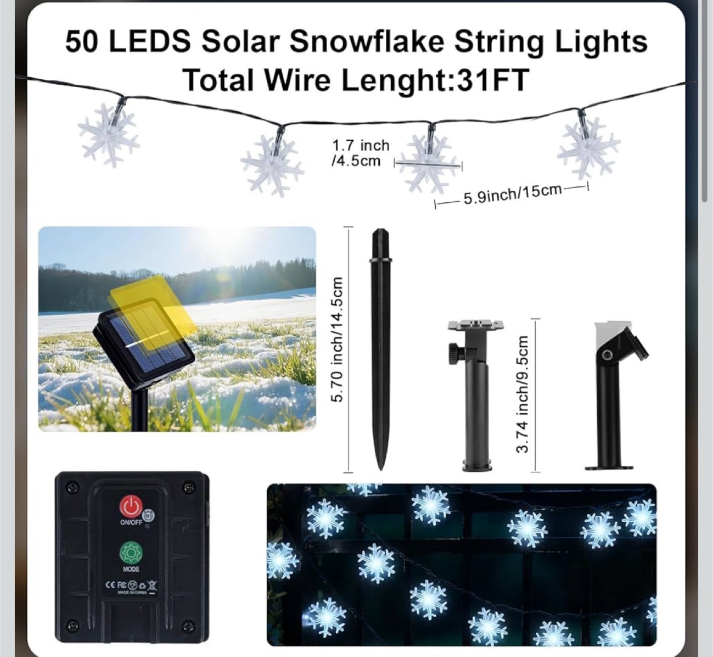 Solar Snowflake String Lights - 50 LEDs, 31FT - photo 2
