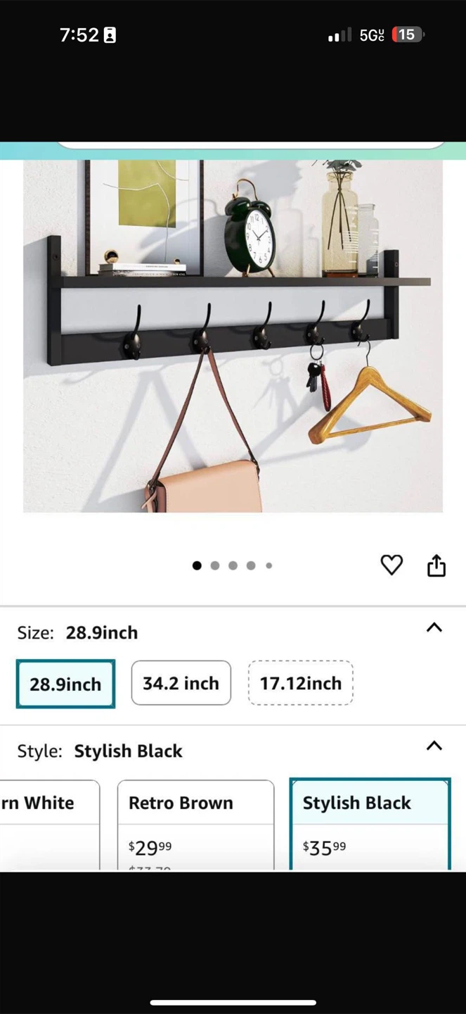 Stylish Black Wall Mounted Shelf with Hooks - 28.9 inch