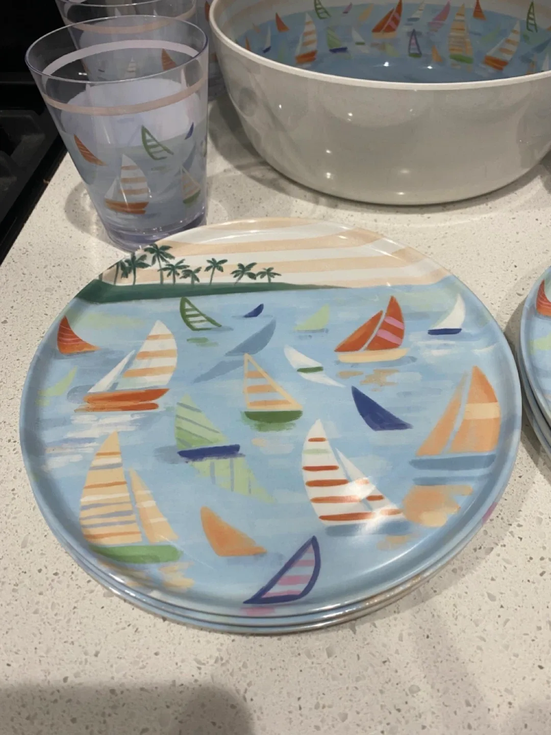 New Unused Set for 6 Plastic Nautical Theme Bowl, Plates & Cups image indicator(2)