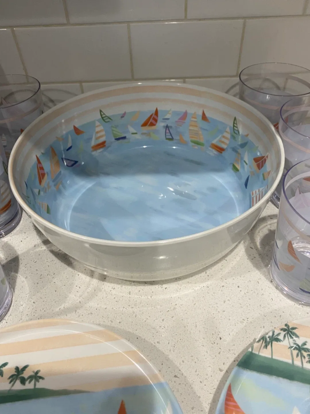 New Unused Set for 6 Plastic Nautical Theme Bowl, Plates & Cups image indicator(4)