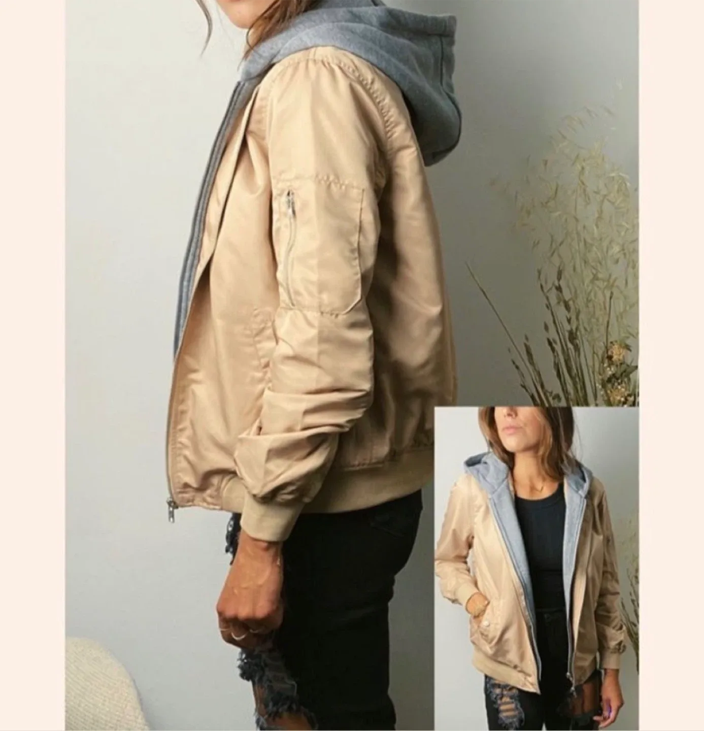 Hooded Bomber Jacket - Beige thumbnail