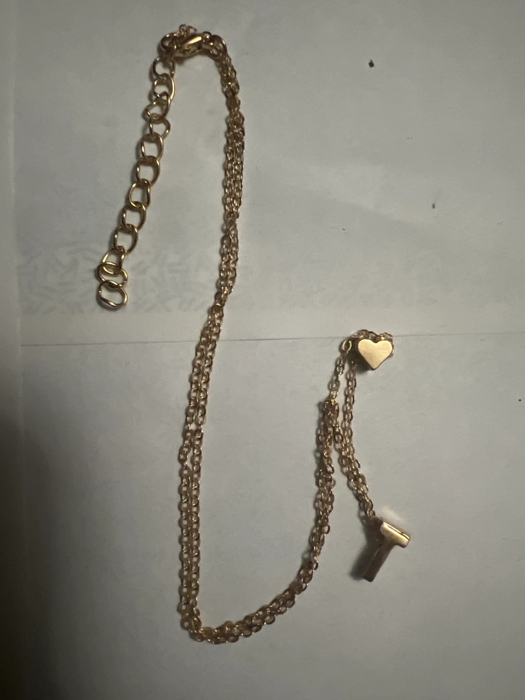Gold Tone Necklace with Heart and Letter T Charm