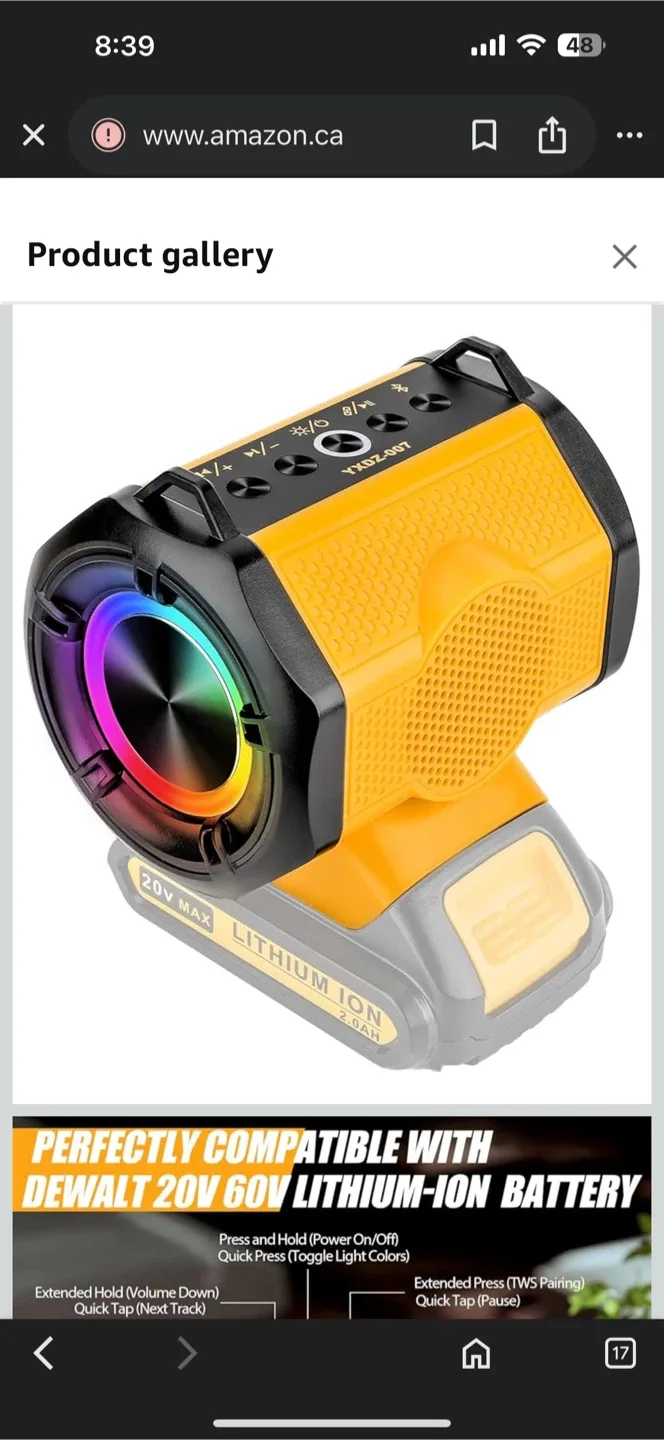 Portable Bluetooth Speaker for Dewalt 20v 60v Battery thumbnail